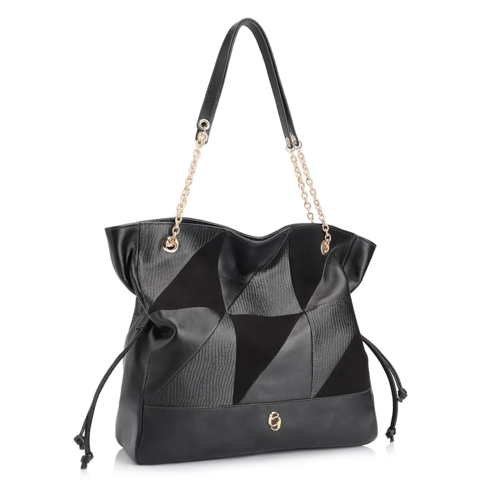 Bolsa Hobo Patchwork Couro Preto/Patchwork Preto - imagem 3