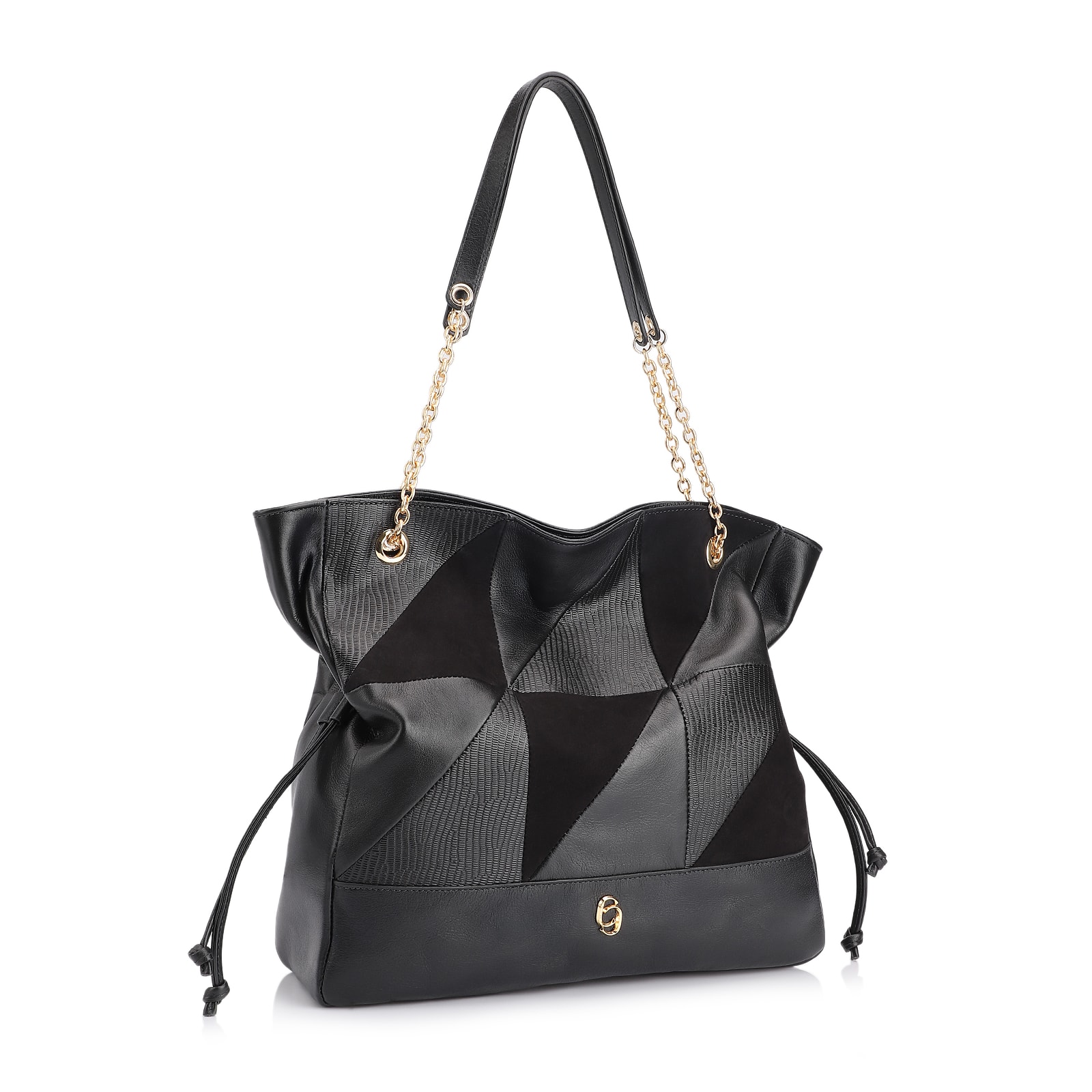 Bolsa Hobo Patchwork Couro Preto/Patchwork Preto