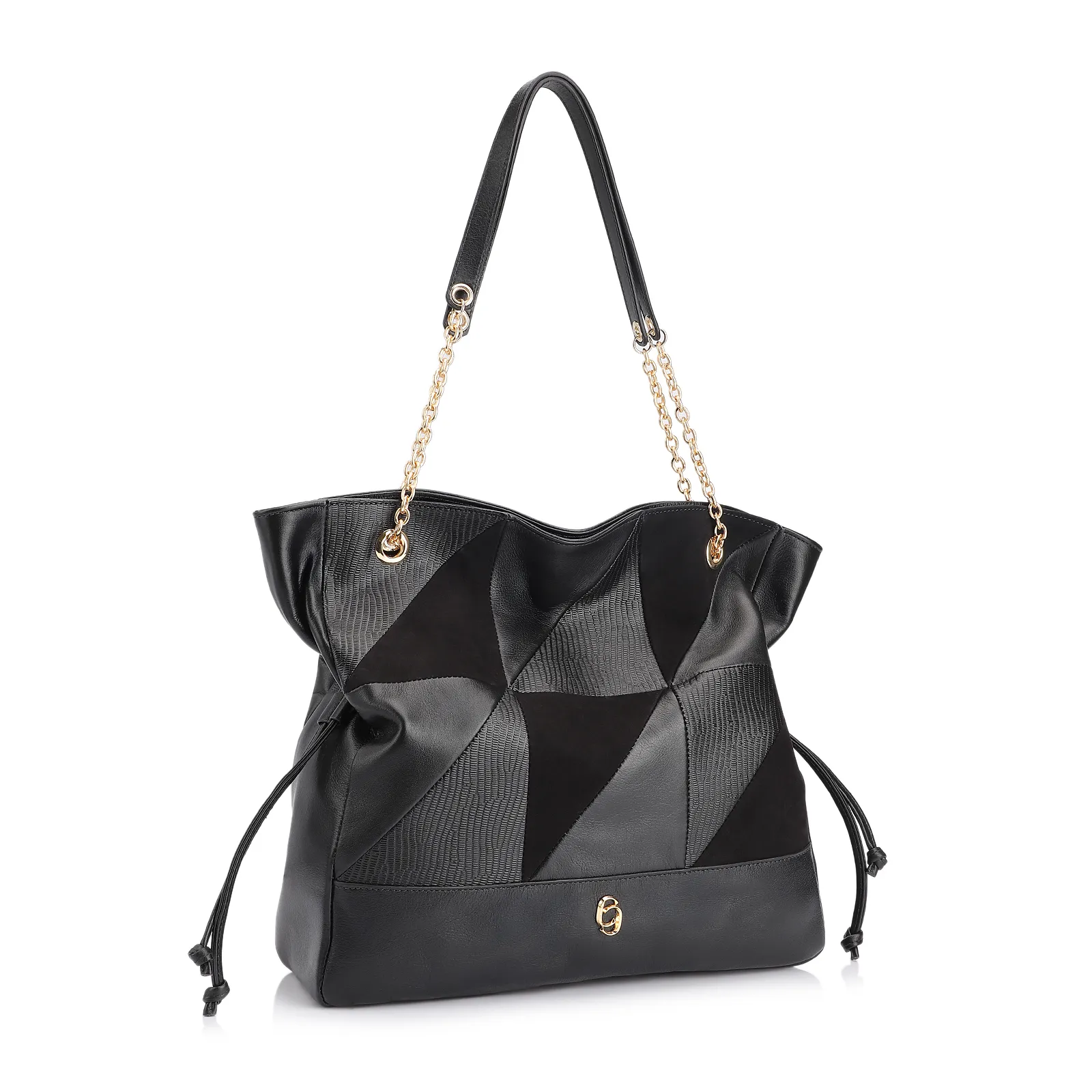 Bolsa Hobo Patchwork Couro Preto/Patchwork Preto