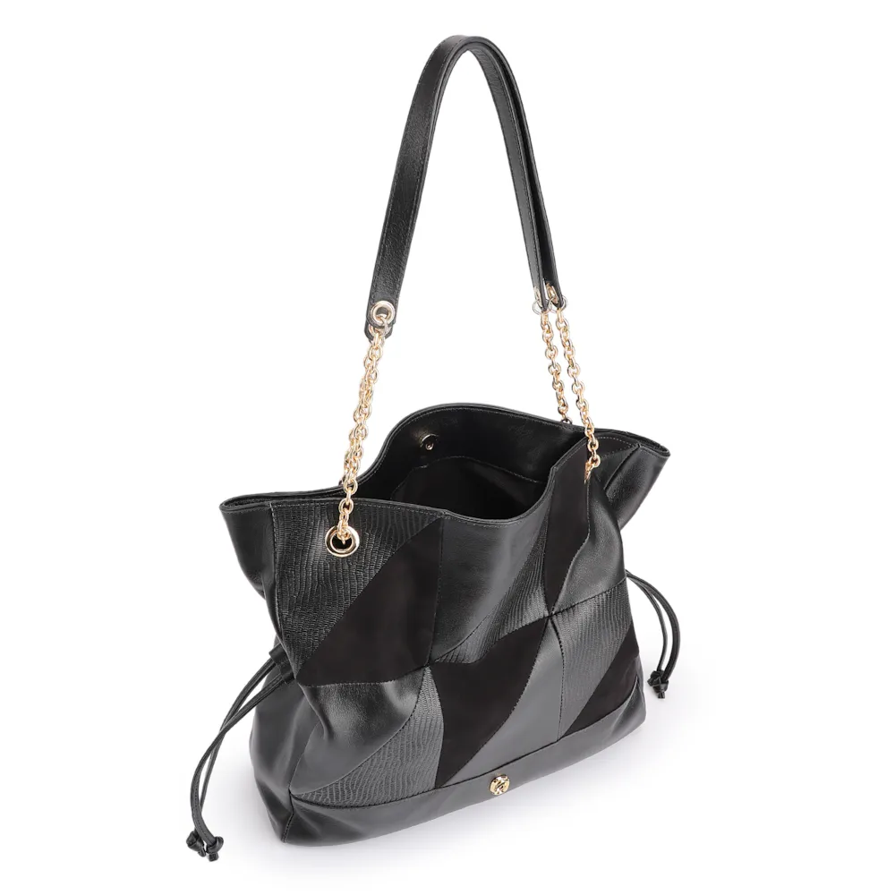 Bolsa Hobo Patchwork Couro Preto/Patchwork Preto - imagem 5