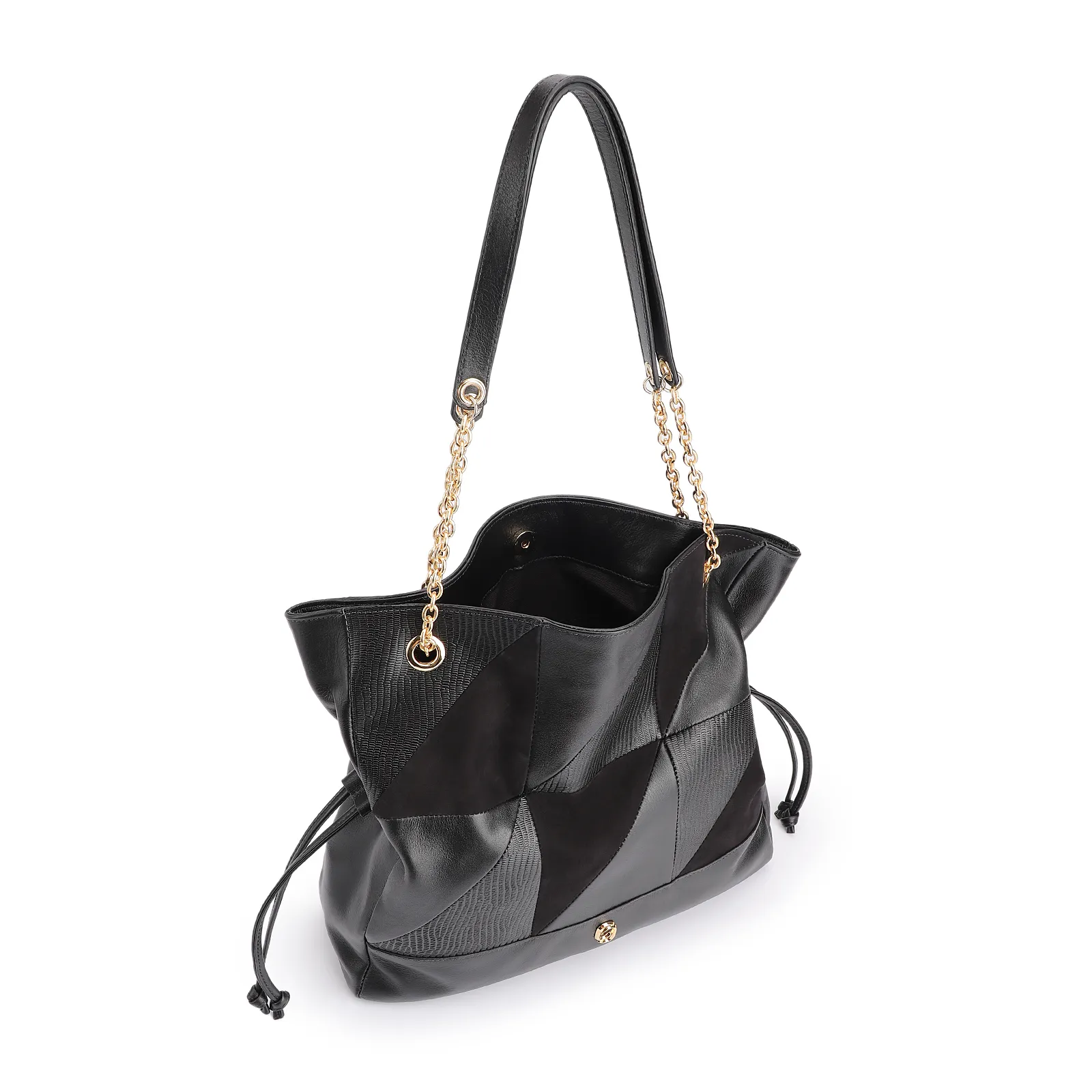 Bolsa Hobo Patchwork Couro Preto/Patchwork Preto