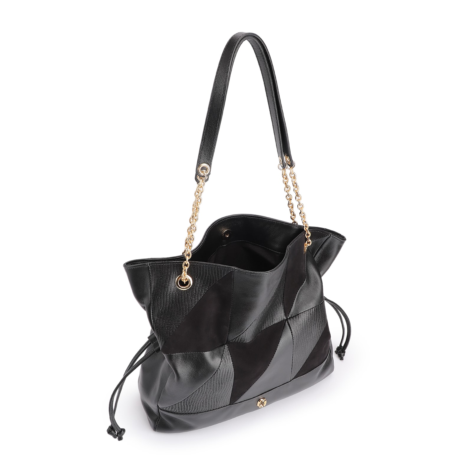 Bolsa Hobo Patchwork Couro Preto/Patchwork Preto