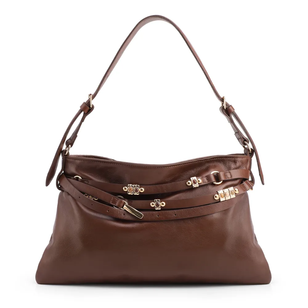 Bolsa Hobo Pequena Couro Marrom Bucket Pedras