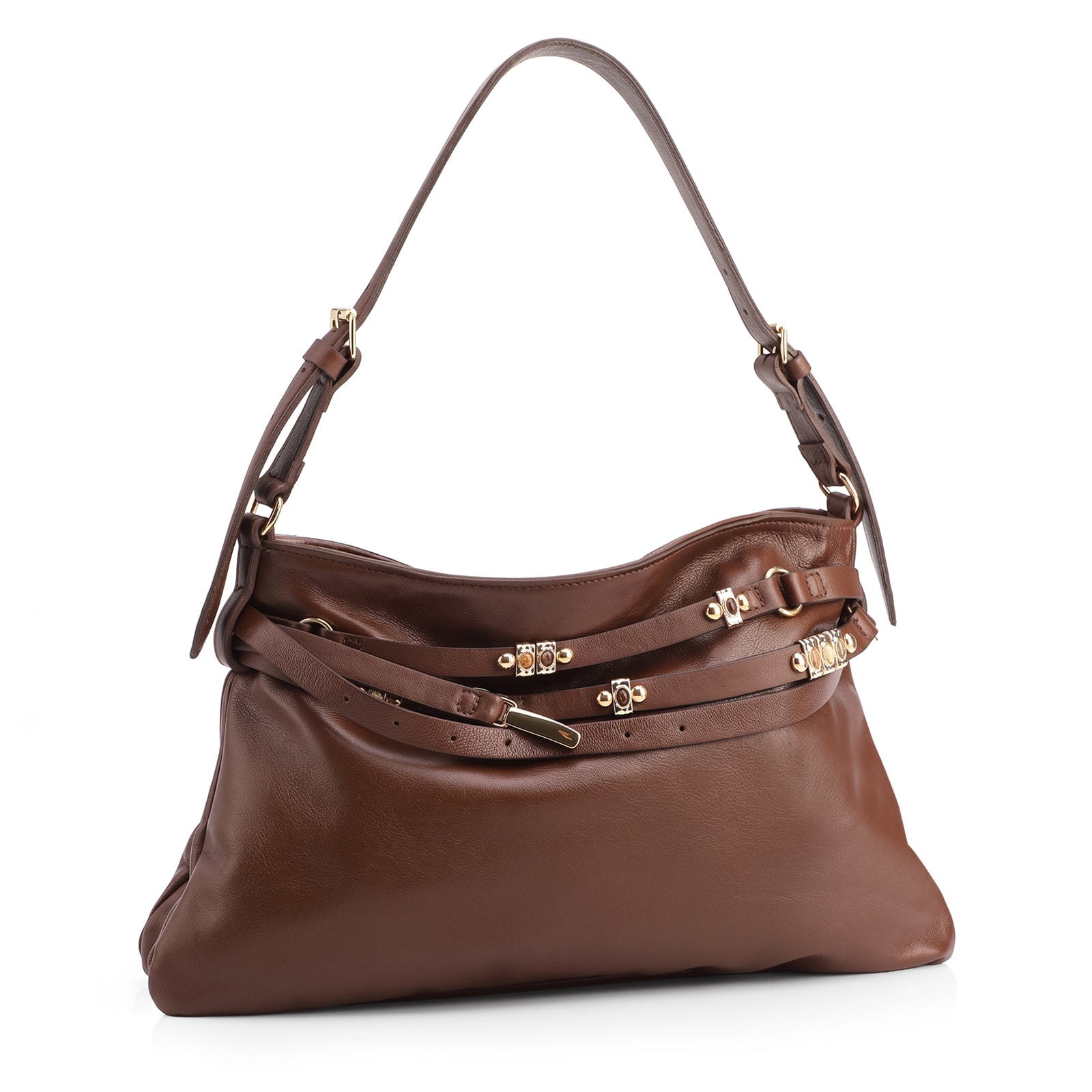 Bolsa Hobo Pequena Couro Marrom Bucket Pedras