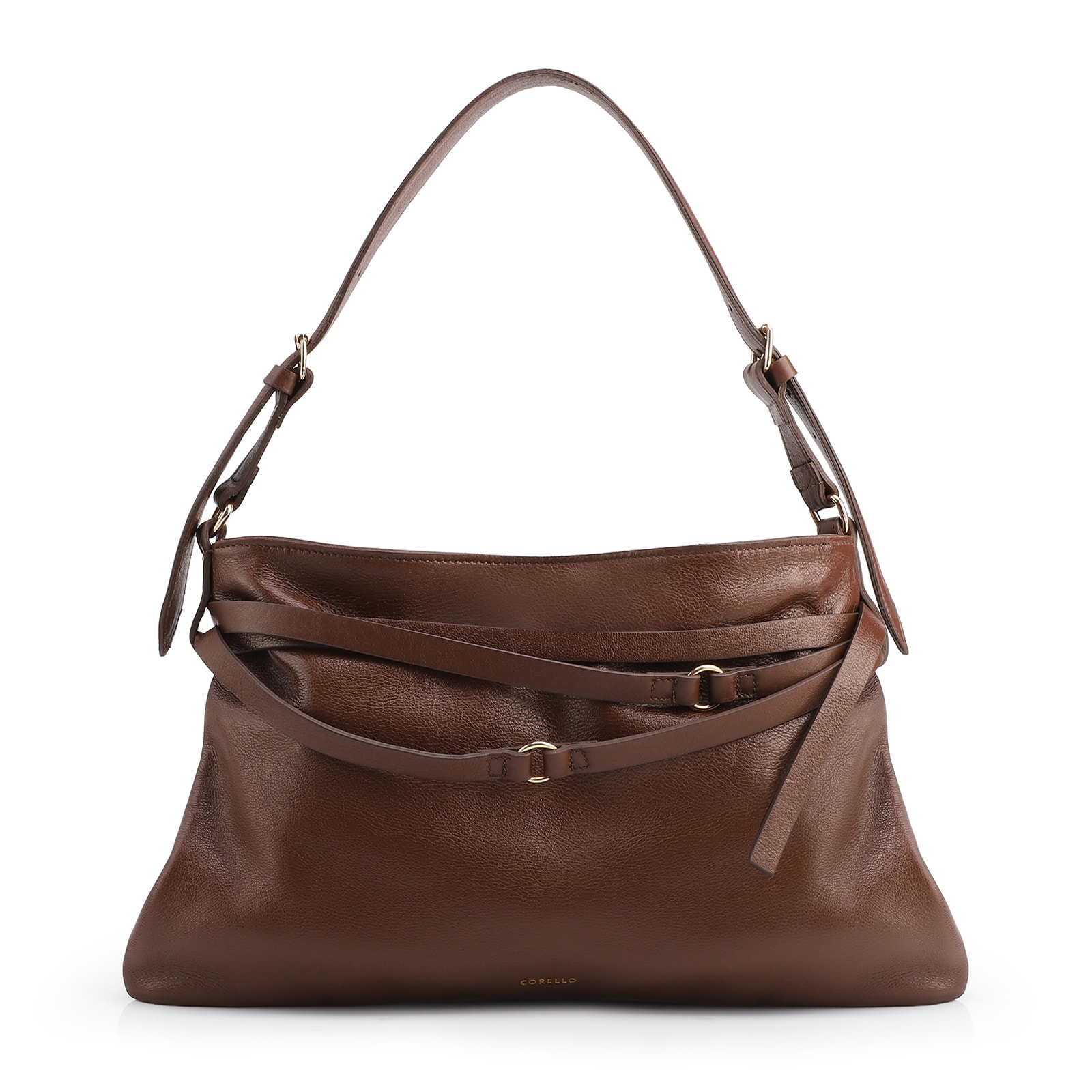 Bolsa Hobo Pequena Couro Marrom Bucket Pedras