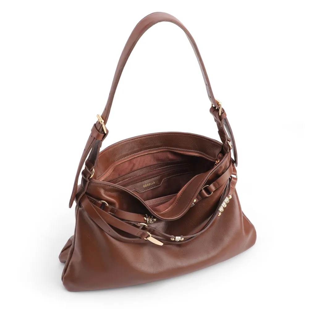 Bolsa Hobo Pequena Couro Marrom Bucket Pedras - imagem 4