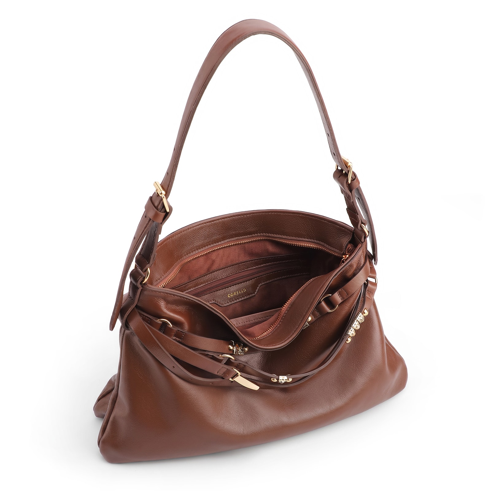 Bolsa Hobo Pequena Couro Marrom Bucket Pedras
