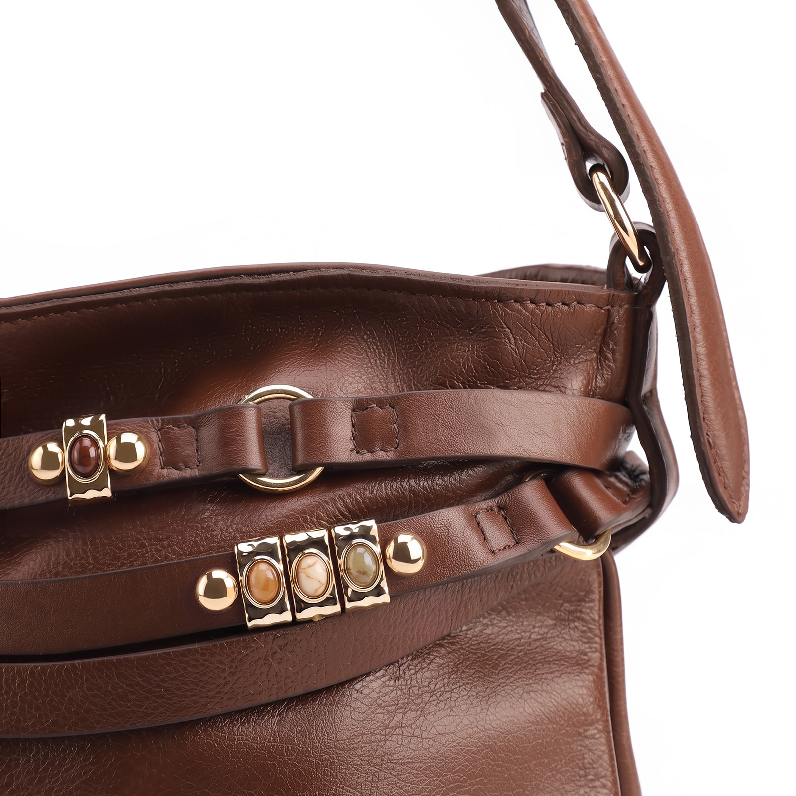 Bolsa Hobo Pequena Couro Marrom Bucket Pedras