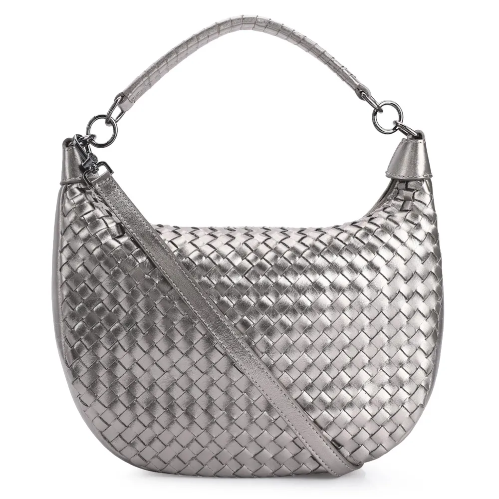 Bolsa Hobo Tressê Couro Prata