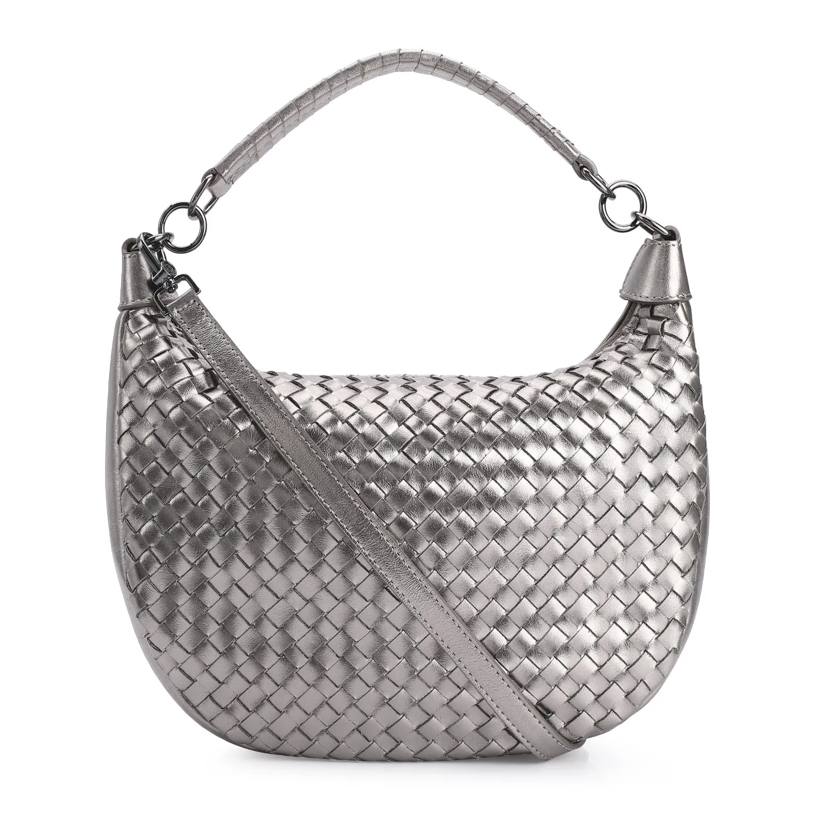 Bolsa Hobo Tressê Couro Prata
