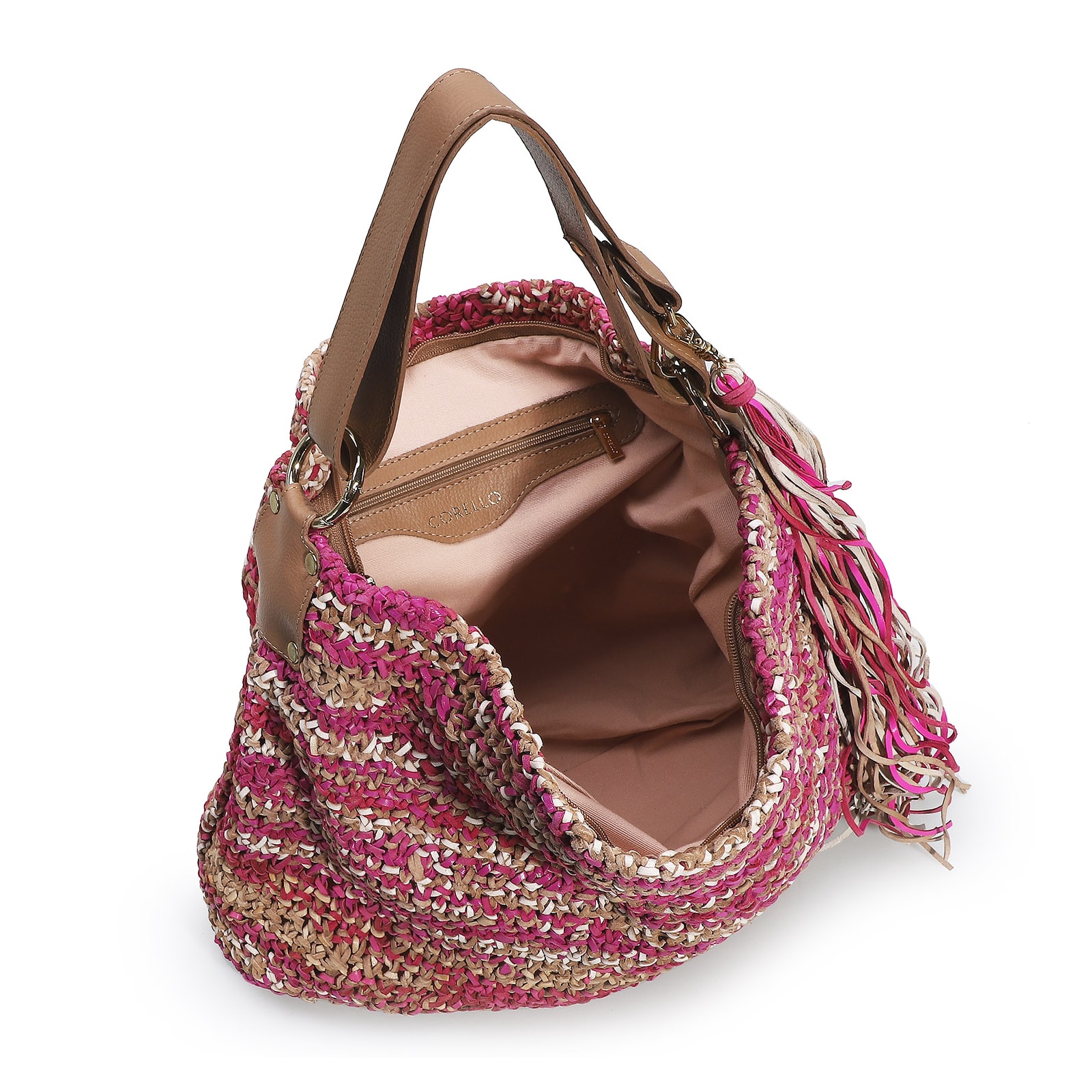 Bolsa Hobo Tricô Rosa/Caramelo