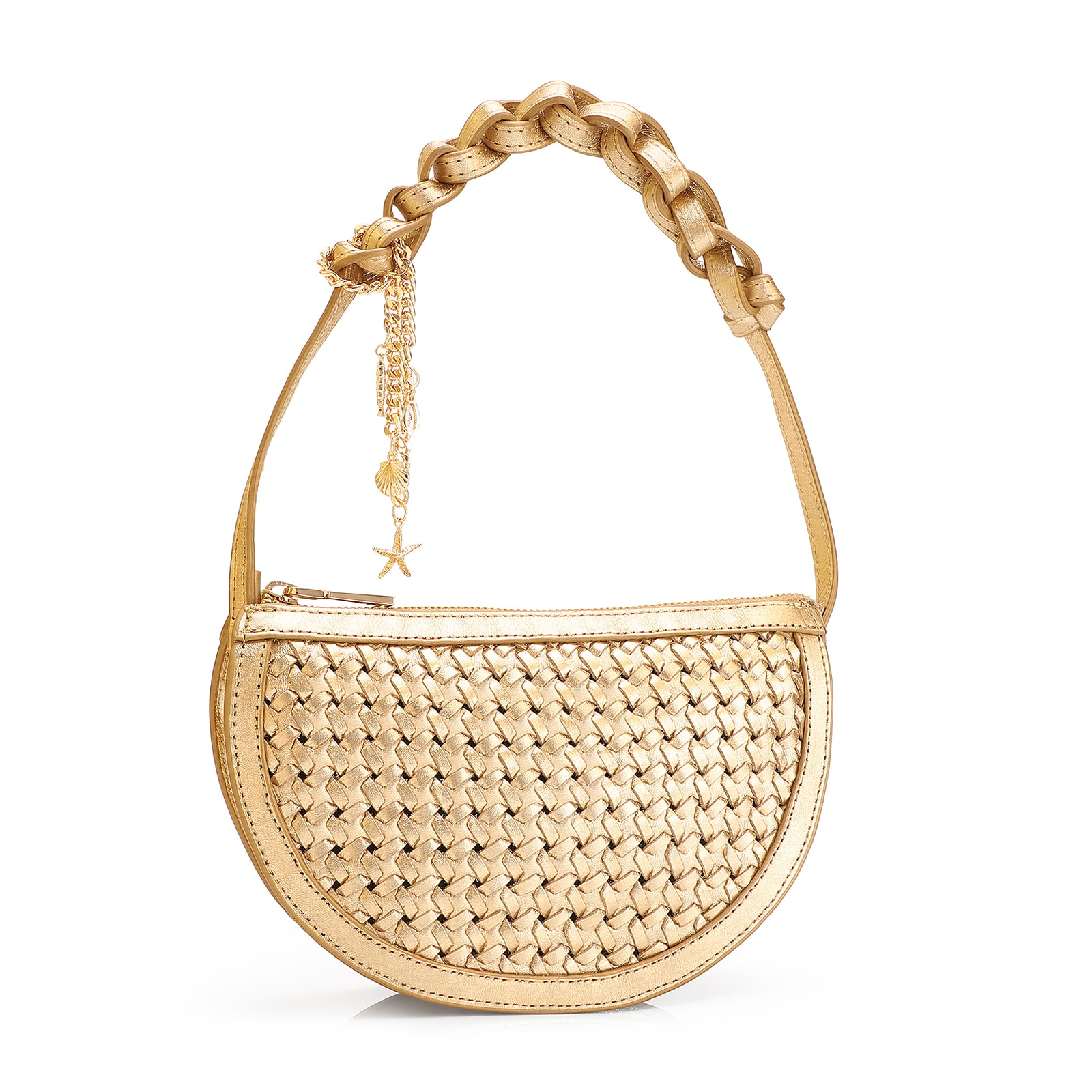 Bolsa Meia Lua Tressê Bag Charm Couro Dourado