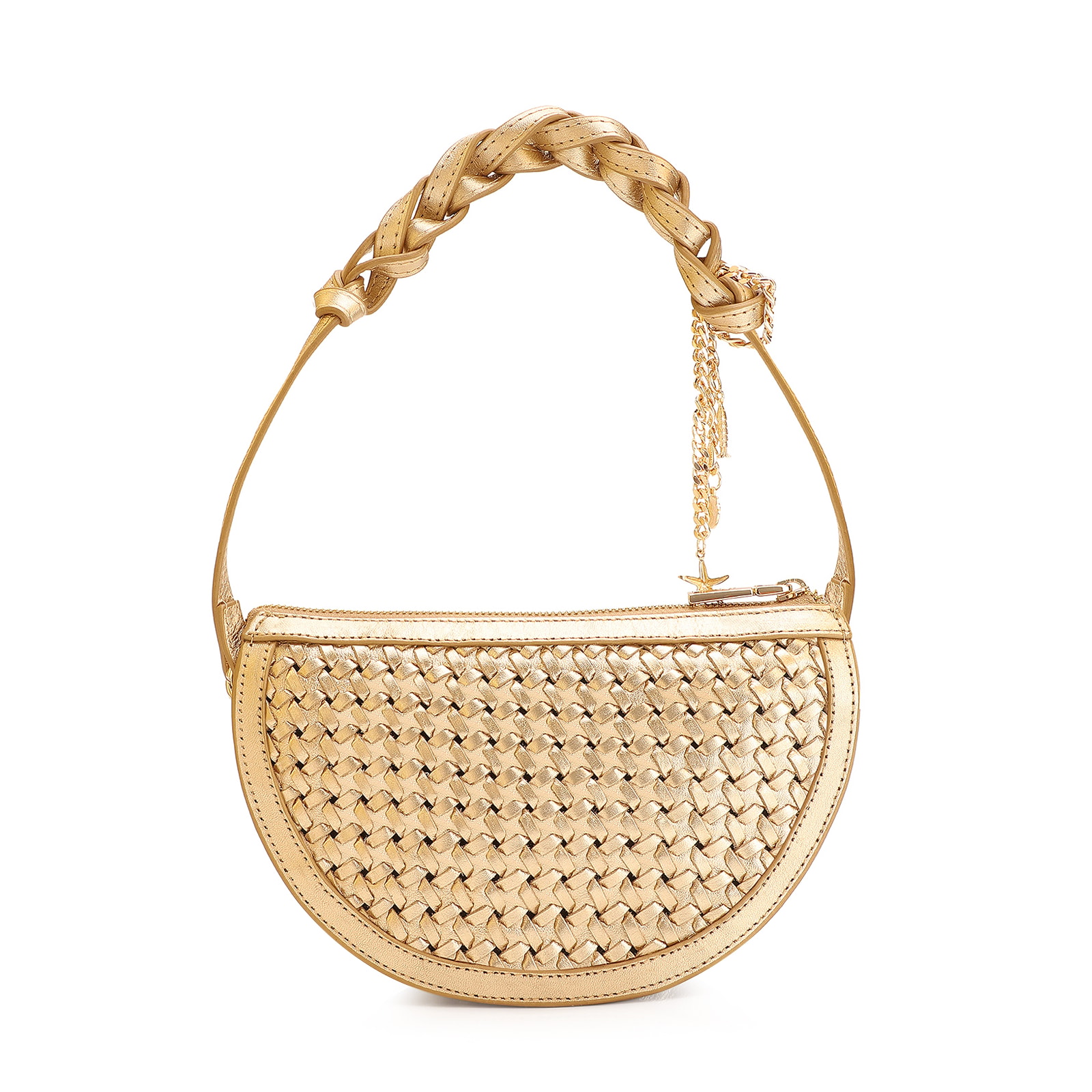 Bolsa Meia Lua Tressê Bag Charm Couro Dourado