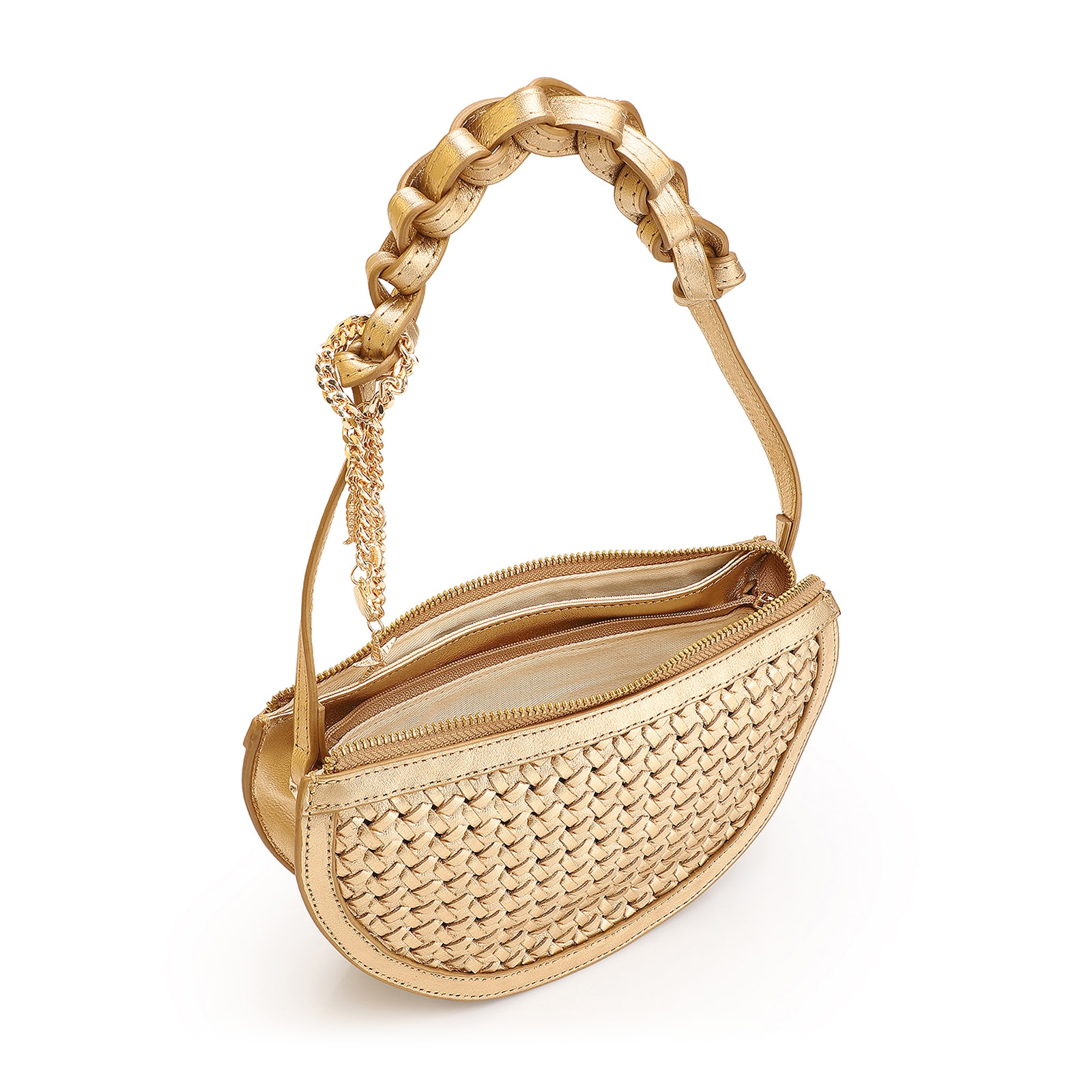Bolsa Meia Lua Tressê Bag Charm Couro Dourado
