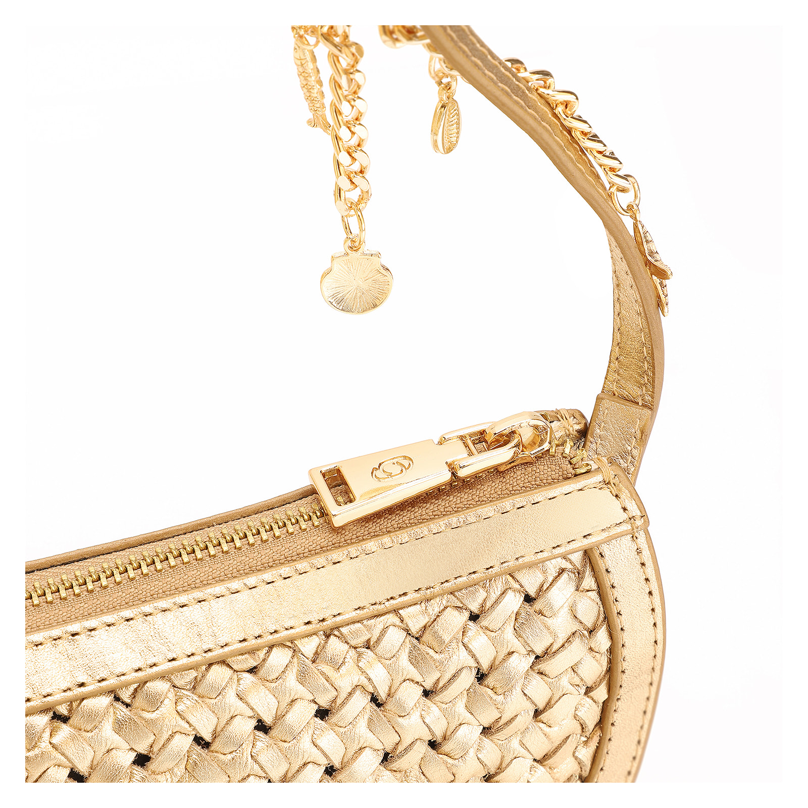 Bolsa Meia Lua Tressê Bag Charm Couro Dourado
