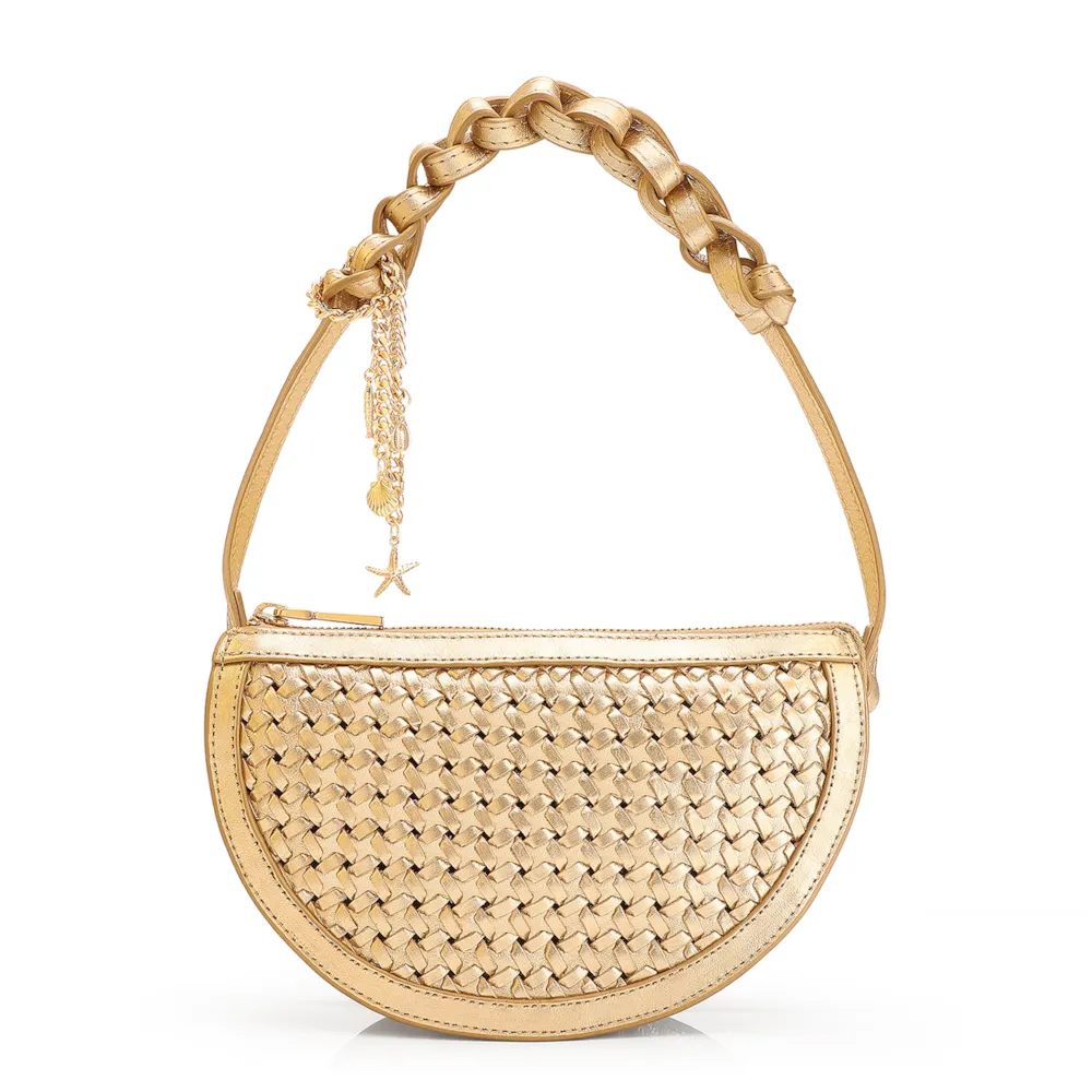 Bolsa Meia Lua Tressê Bag Charm Couro Dourado