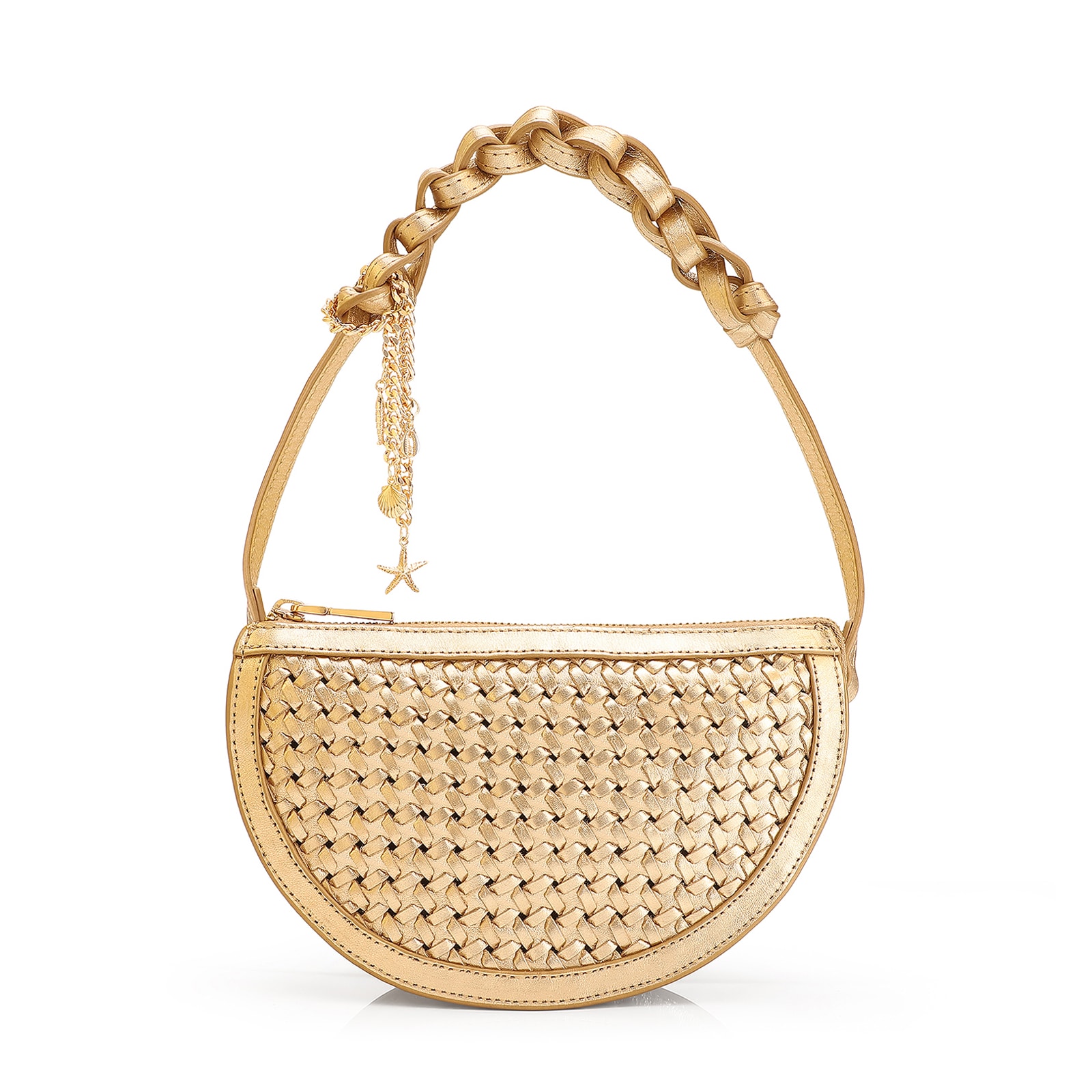Bolsa Meia Lua Tressê Bag Charm Couro Dourado