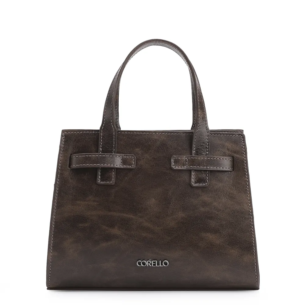 Bolsa Mini Tote Ilhós Couro Estonado Marrom - imagem 3