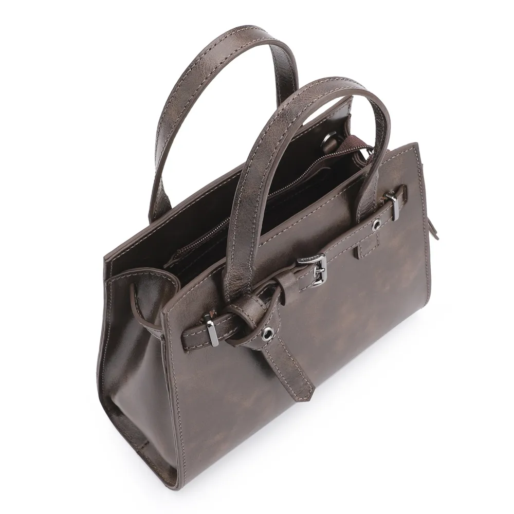 Bolsa Mini Tote Ilhós Couro Estonado Marrom - imagem 4