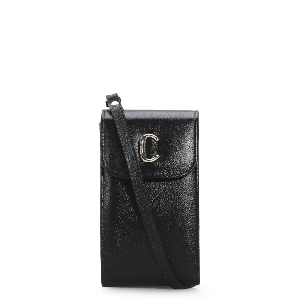 Bolsa Pequena Couro Preto Porta Celular