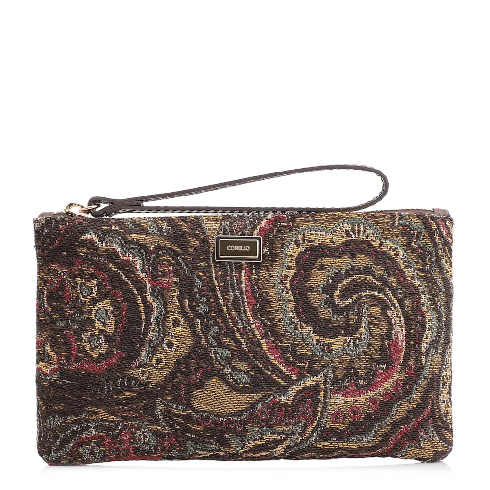 Bolsa Pequena Jacquard Paisley /Couro Marrom Escuro