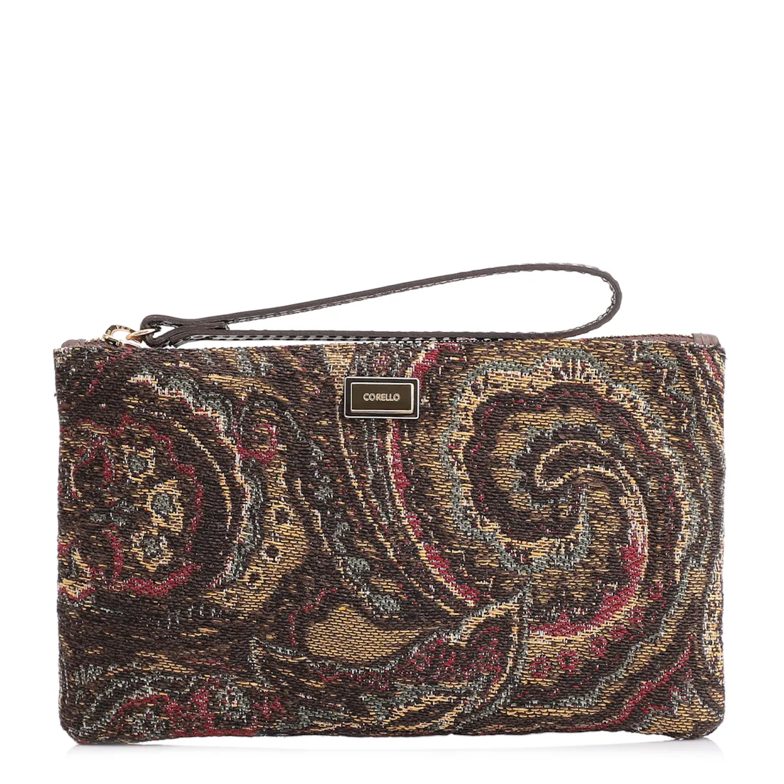 Bolsa Pequena Jacquard Paisley /Couro Marrom Escuro
