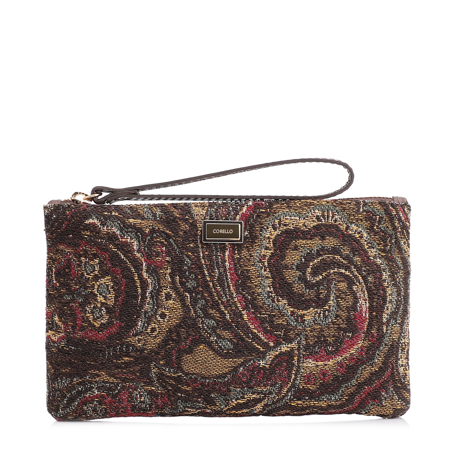 Bolsa Pequena Jacquard Paisley /Couro Marrom Escuro