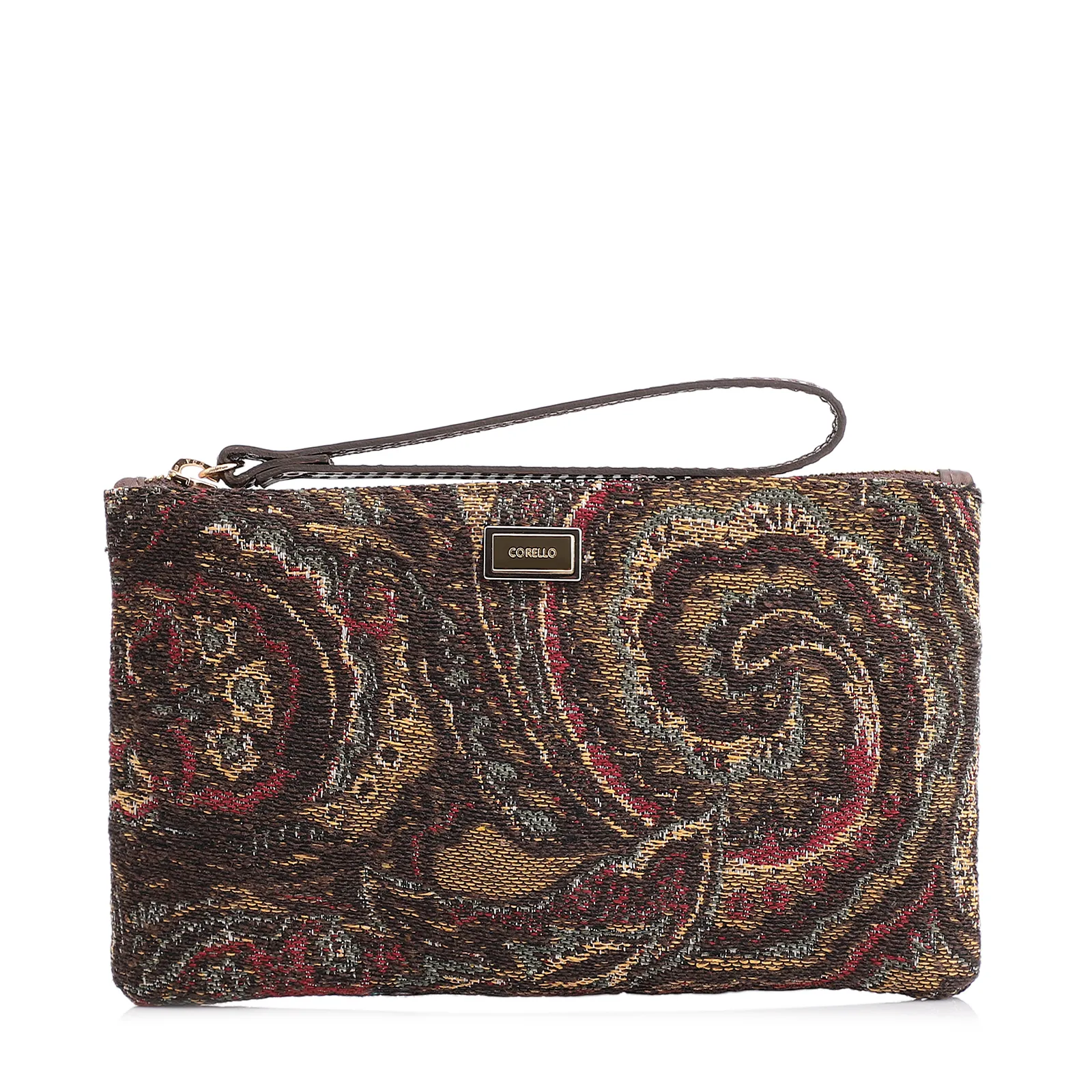 Bolsa Pequena Jacquard Paisley /Couro Marrom Escuro