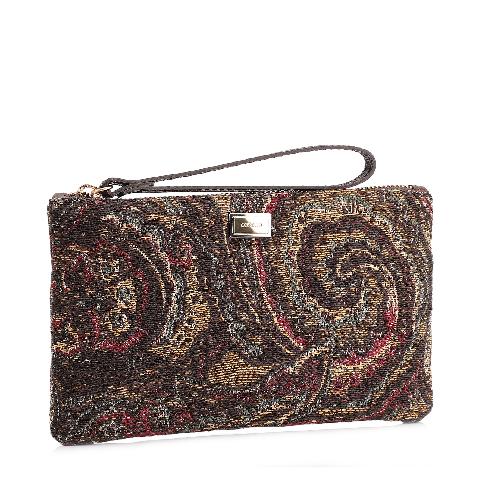 Bolsa Pequena Jacquard Paisley /Couro Marrom Escuro