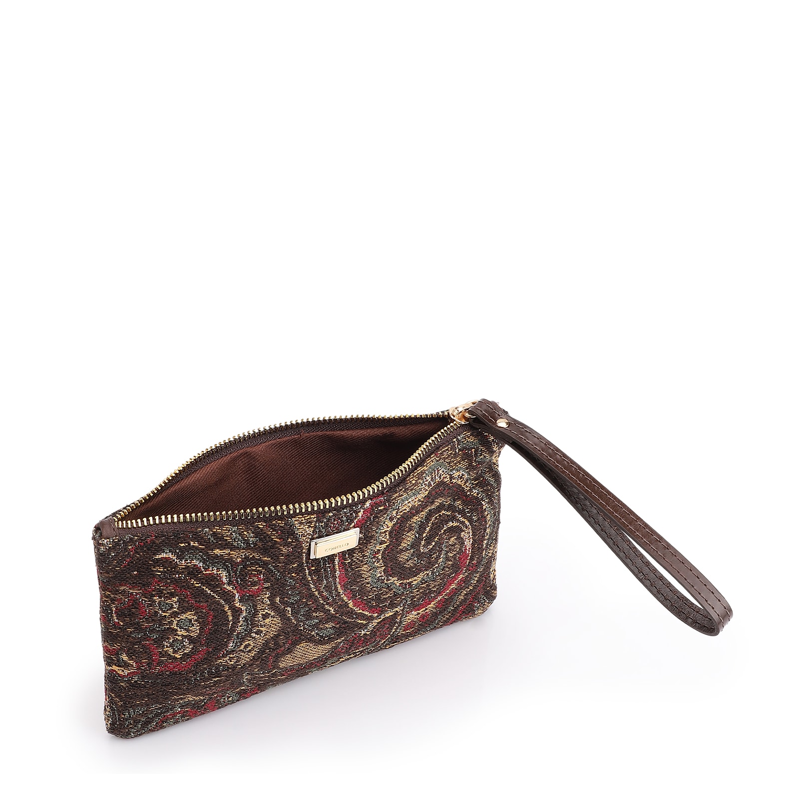 Bolsa Pequena Jacquard Paisley /Couro Marrom Escuro