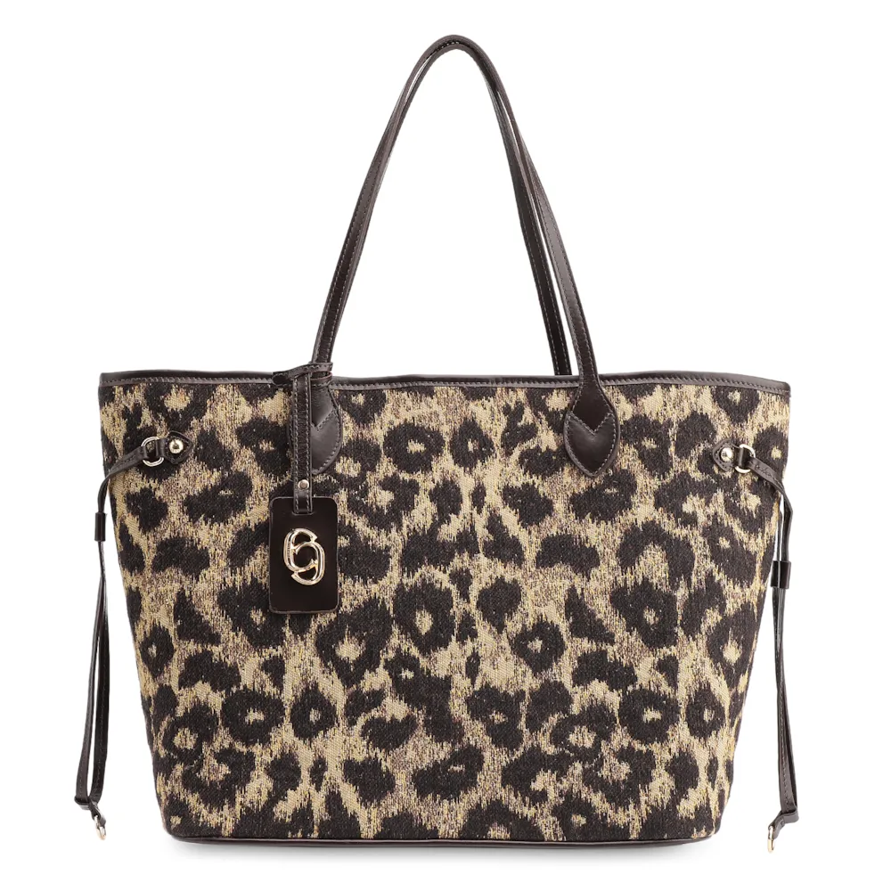  Bolsa Sacola Jacquard Onça/Couro Marrom