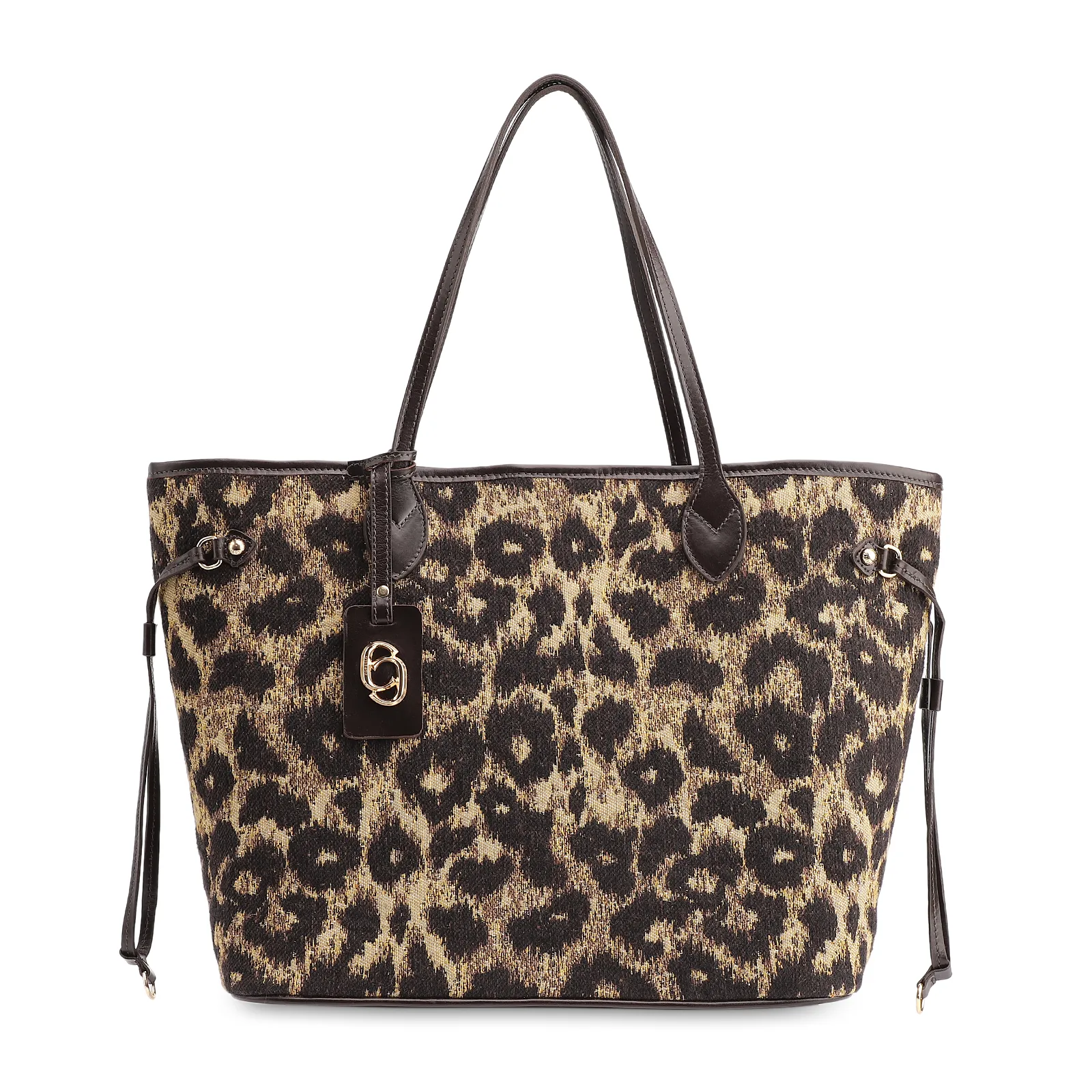 Bolsa Sacola Jacquard Onça/Couro Marrom