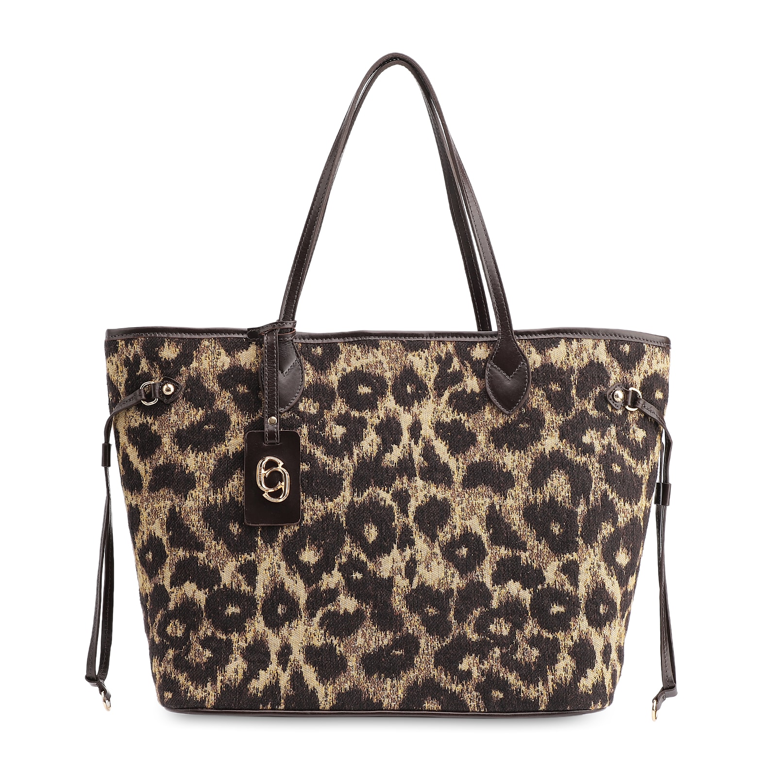 Bolsa Sacola Jacquard Onça/Couro Marrom