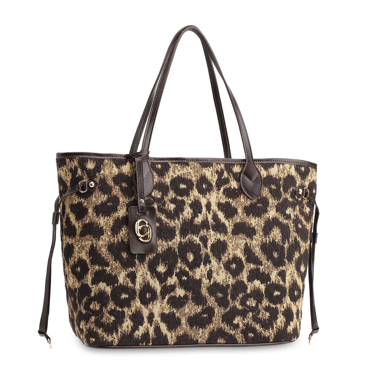 Bolsa Sacola Jacquard Onça/Couro Marrom