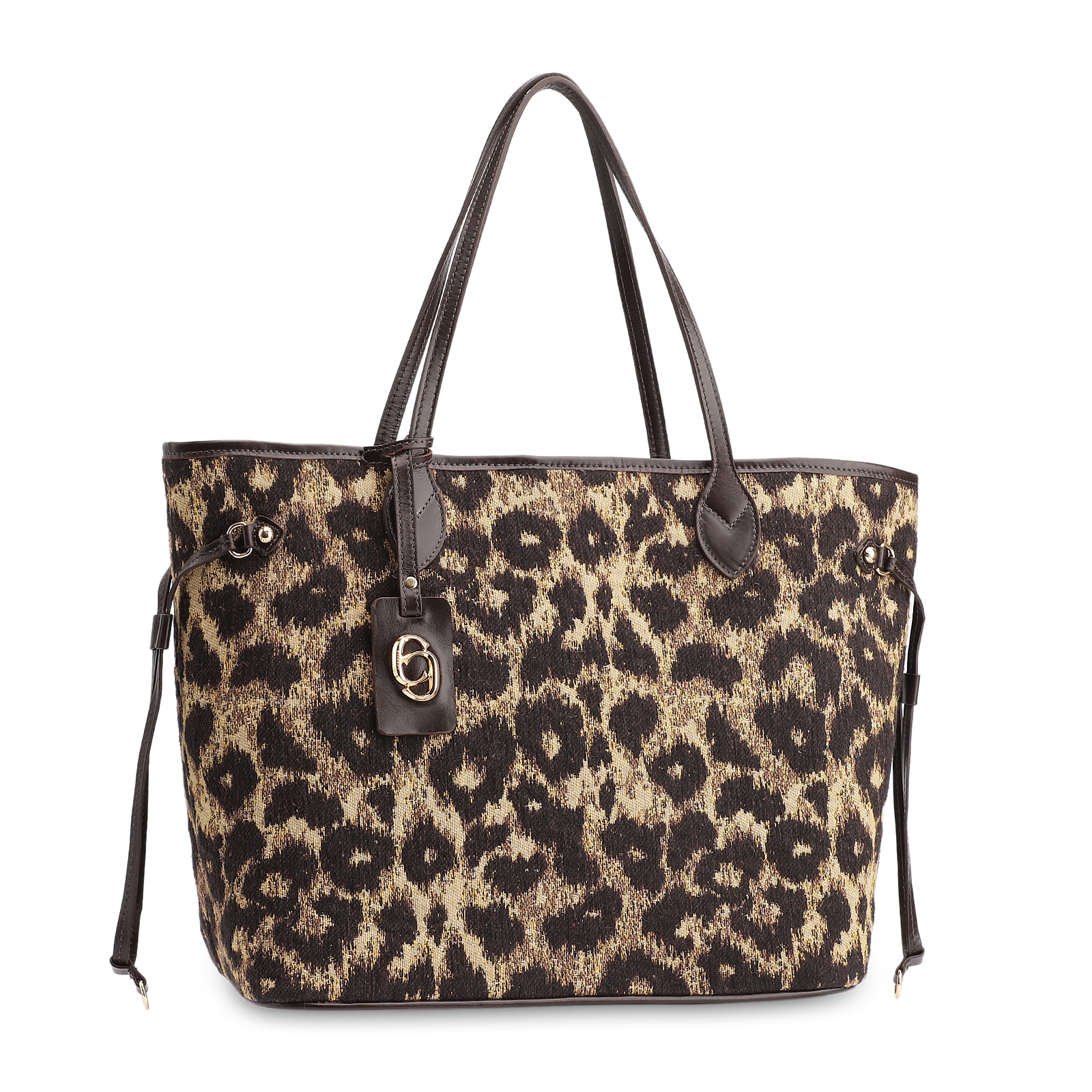 Bolsa Sacola Jacquard Onça/Couro Marrom