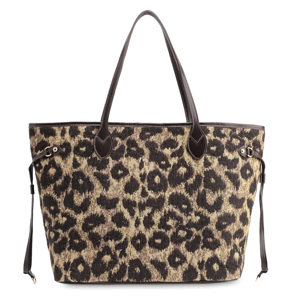  Bolsa Sacola Jacquard Onça/Couro Marrom - imagem 4