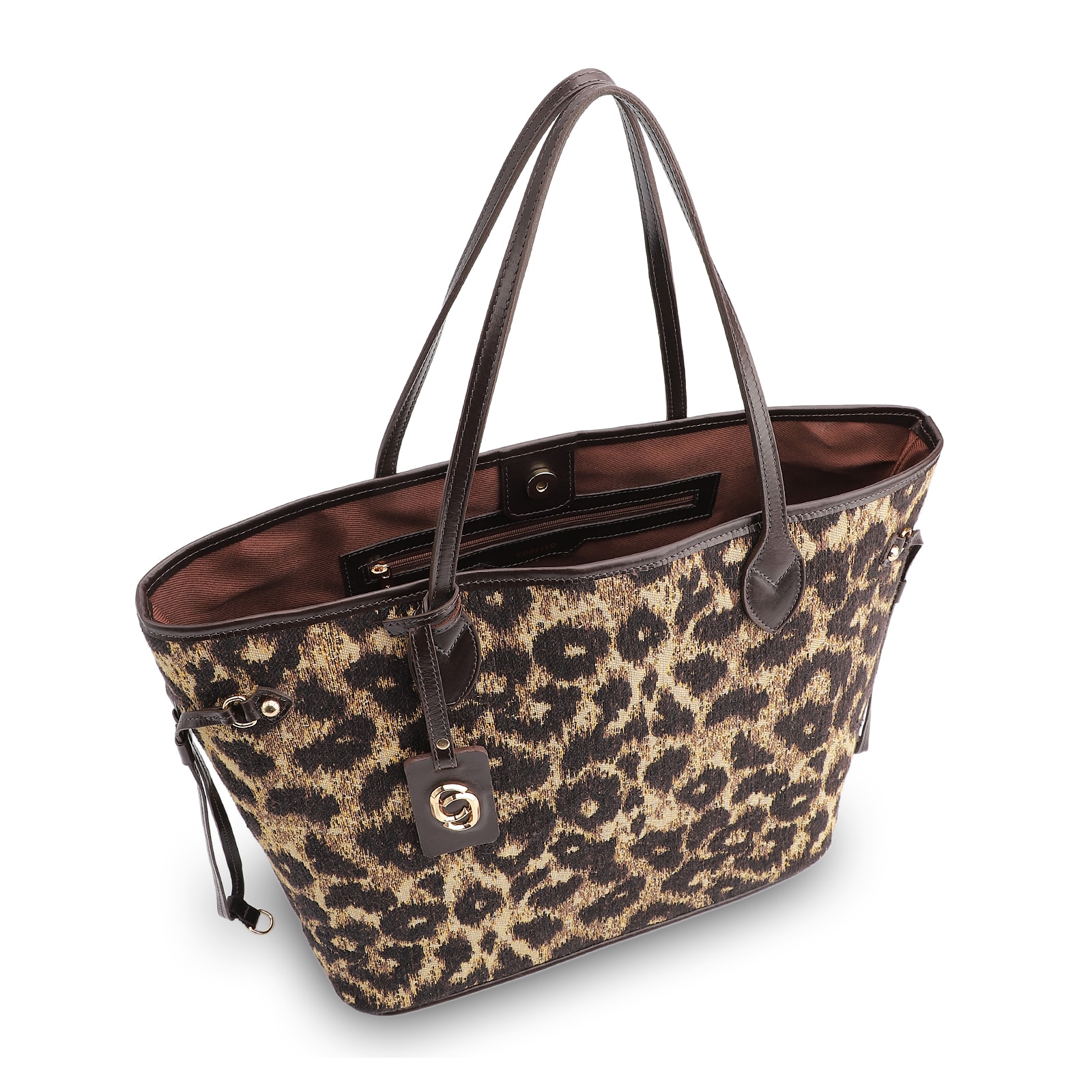 Bolsa Sacola Jacquard Onça/Couro Marrom