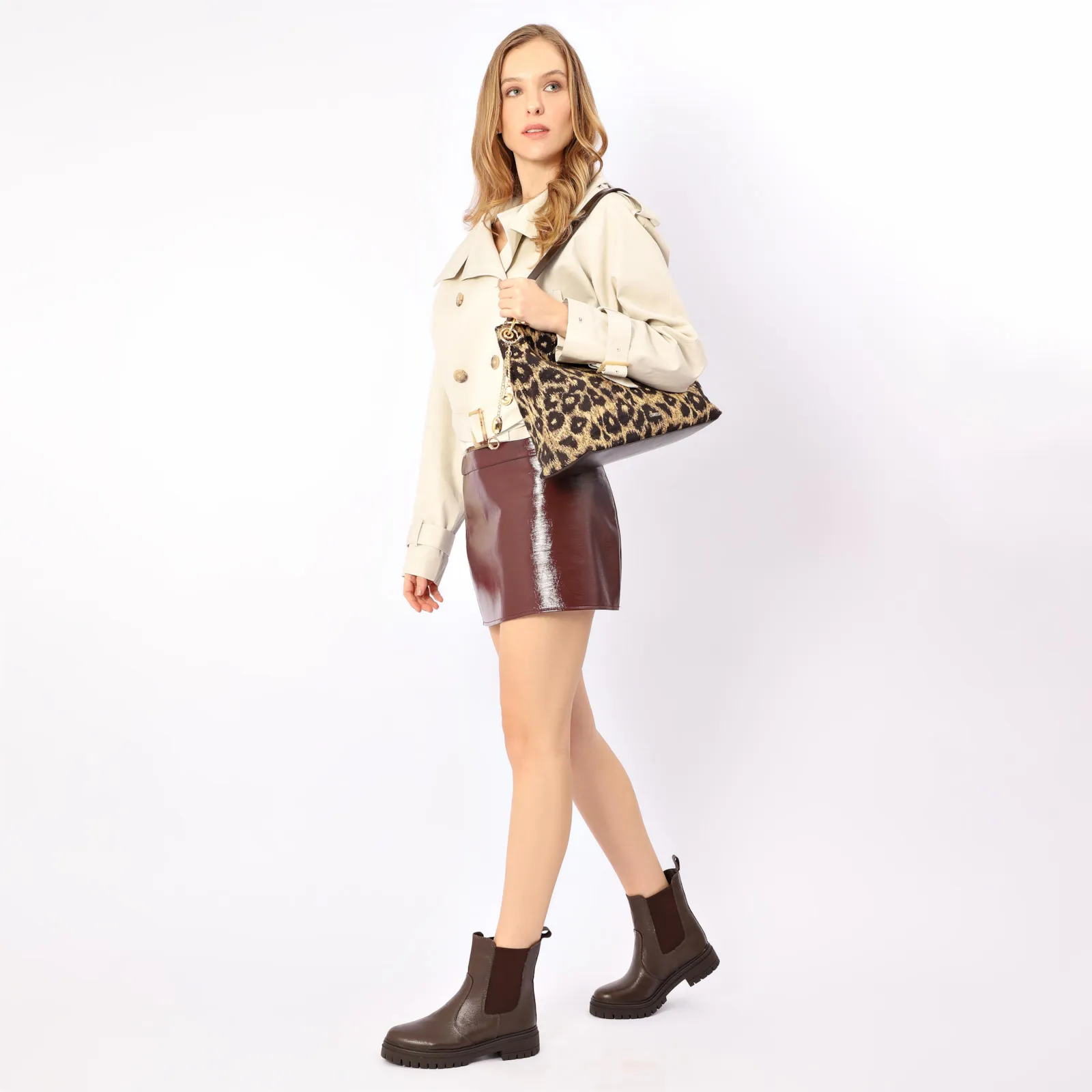  Bolsa Sacola Jacquard Onça/Couro Marrom