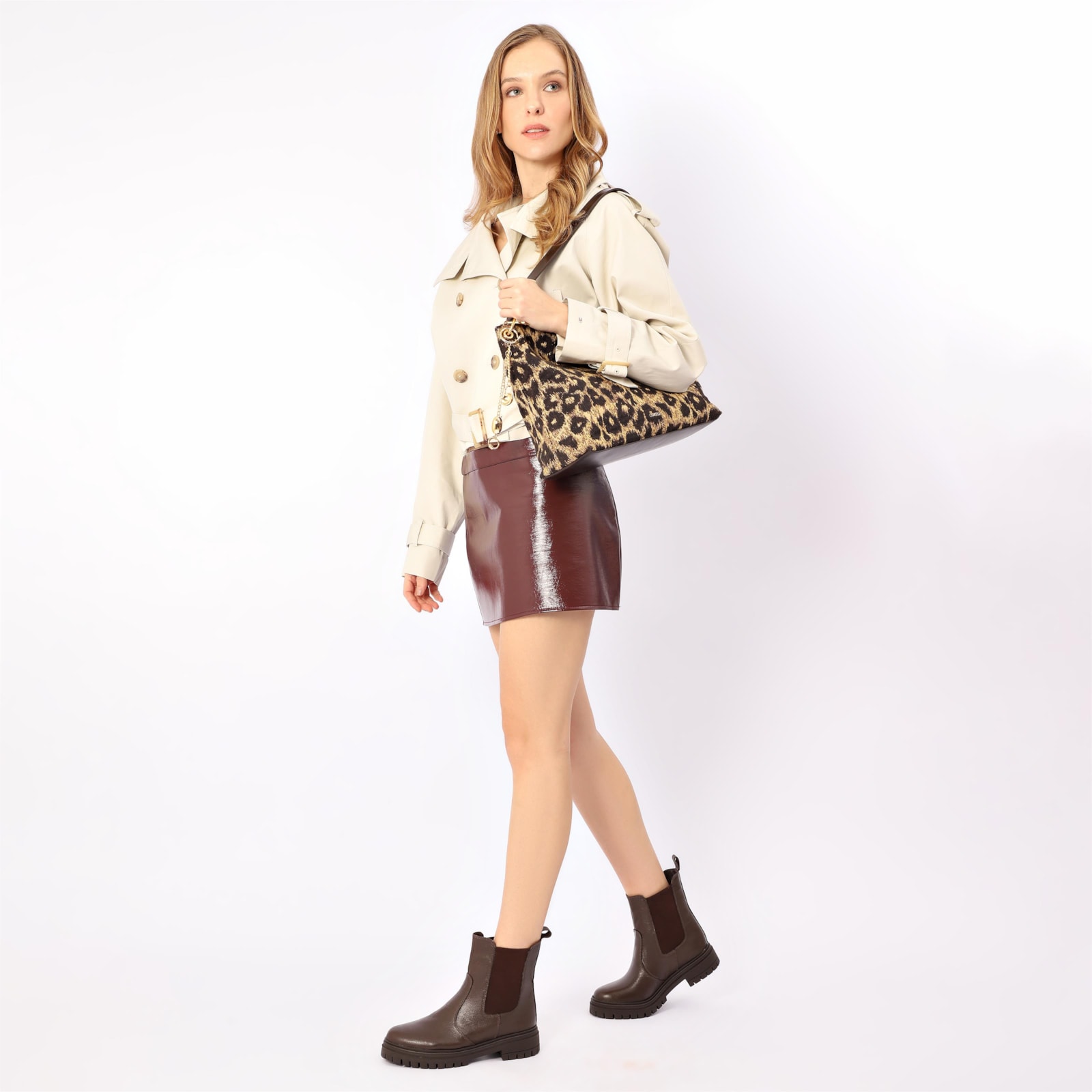 Bolsa Sacola Jacquard Onça/Couro Marrom