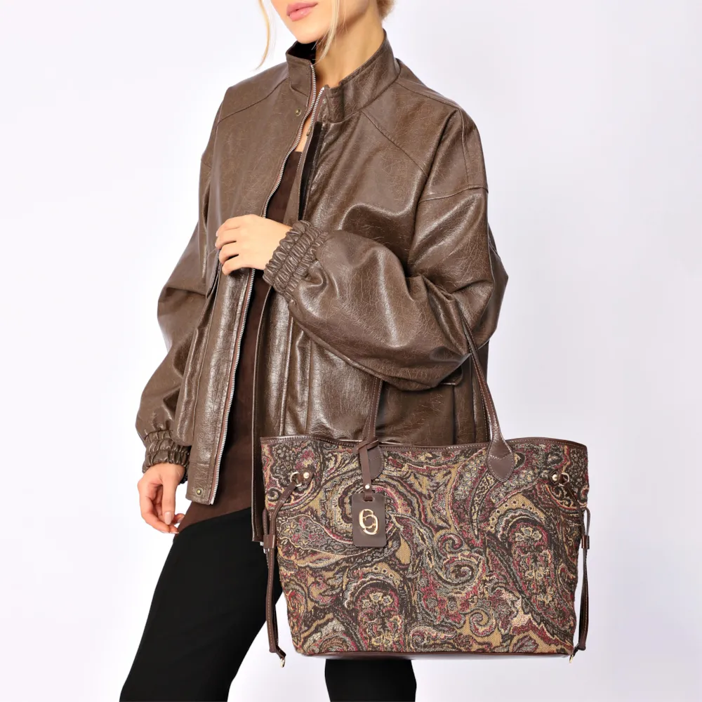 Bolsa Sacola Jacquard Paisley  /Couro Marrom Escuro - imagem 2