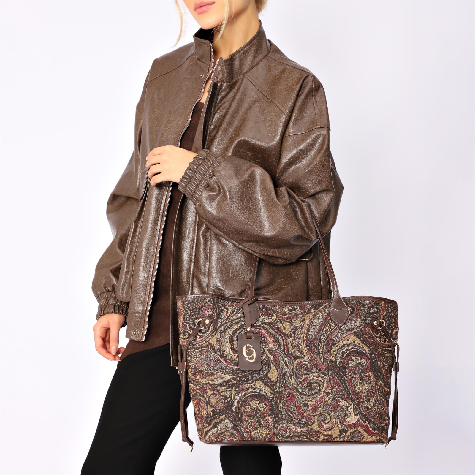 Bolsa Sacola Jacquard Paisley /Couro Marrom Escuro