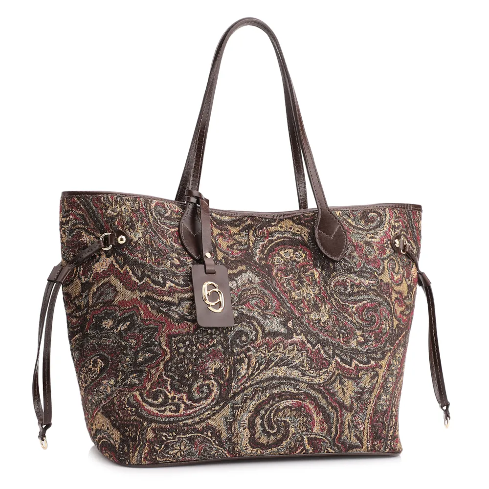 Bolsa Sacola Jacquard Paisley  /Couro Marrom Escuro - imagem 3