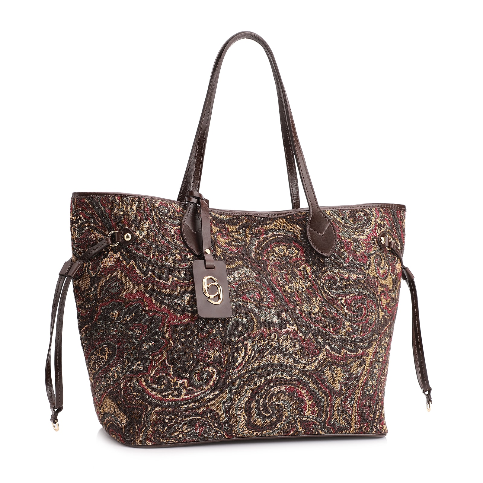 Bolsa Sacola Jacquard Paisley /Couro Marrom Escuro