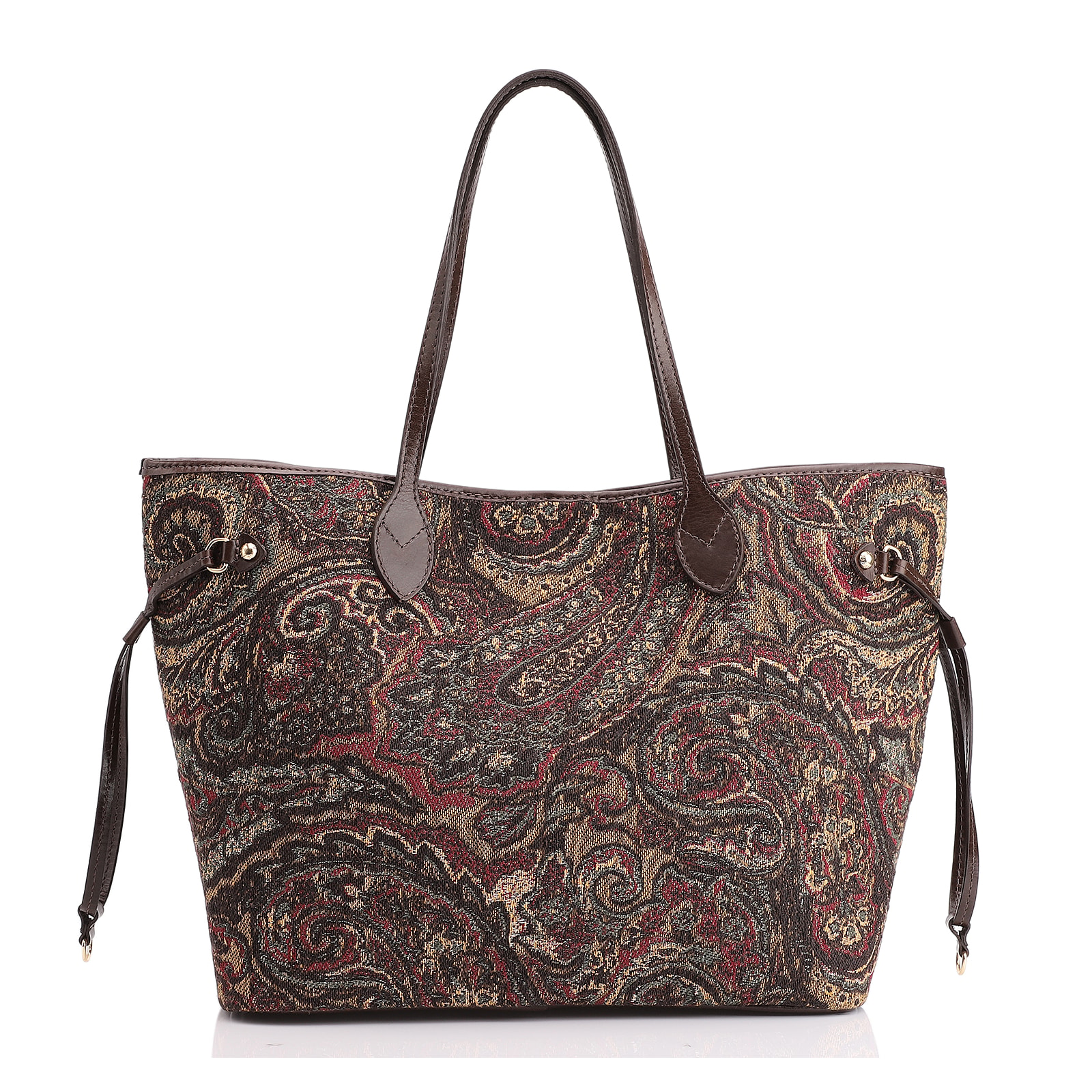 Bolsa Sacola Jacquard Paisley /Couro Marrom Escuro
