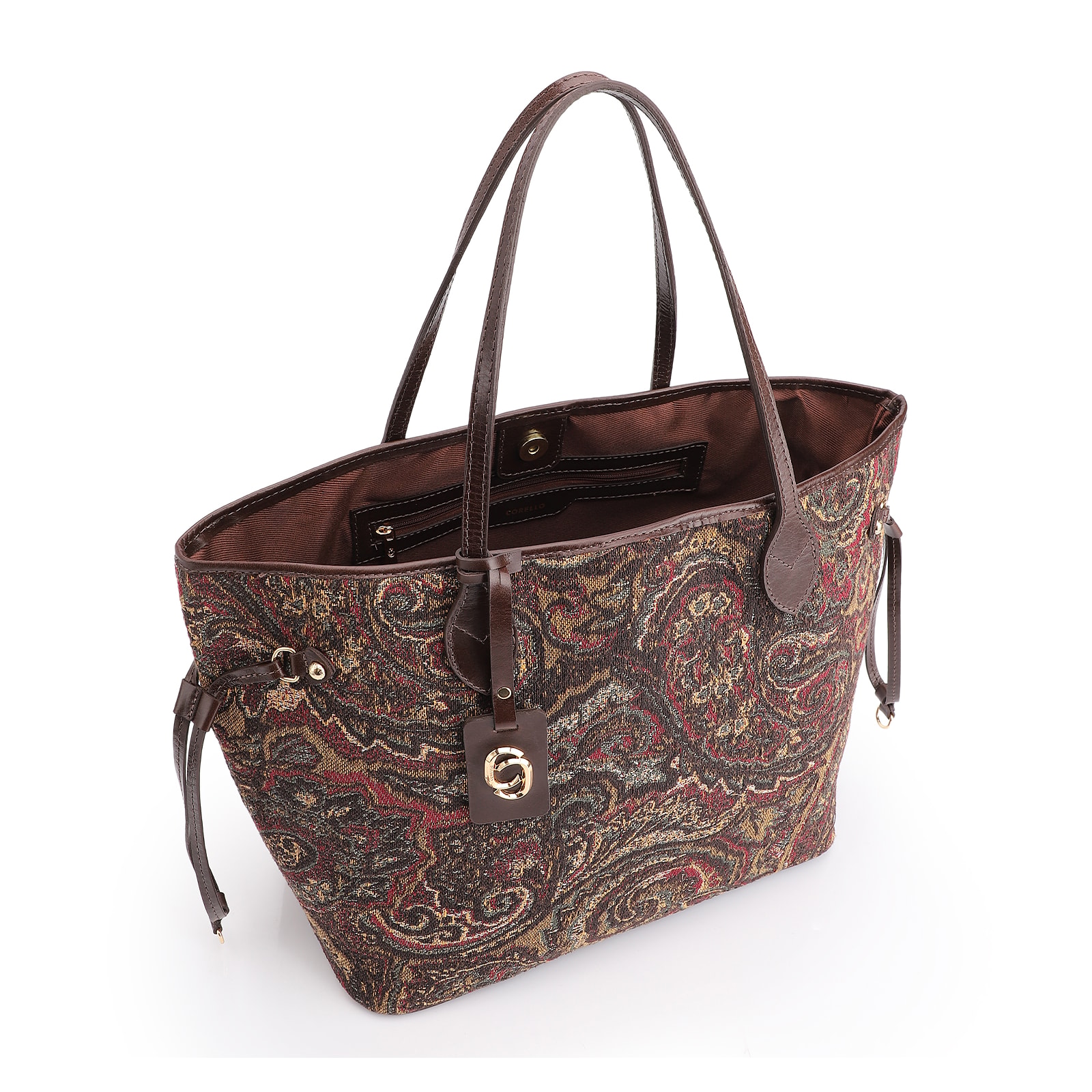 Bolsa Sacola Jacquard Paisley /Couro Marrom Escuro