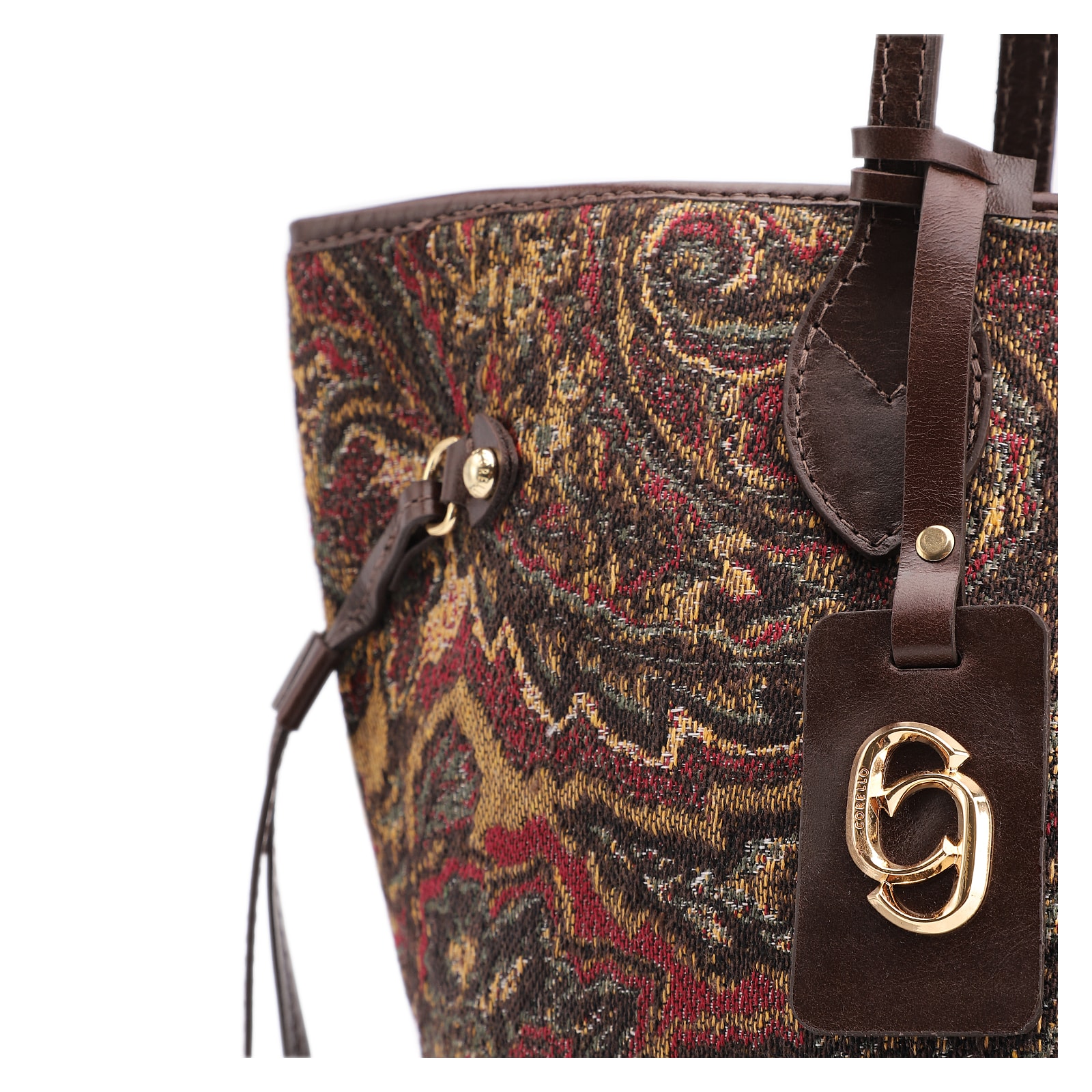 Bolsa Sacola Jacquard Paisley /Couro Marrom Escuro