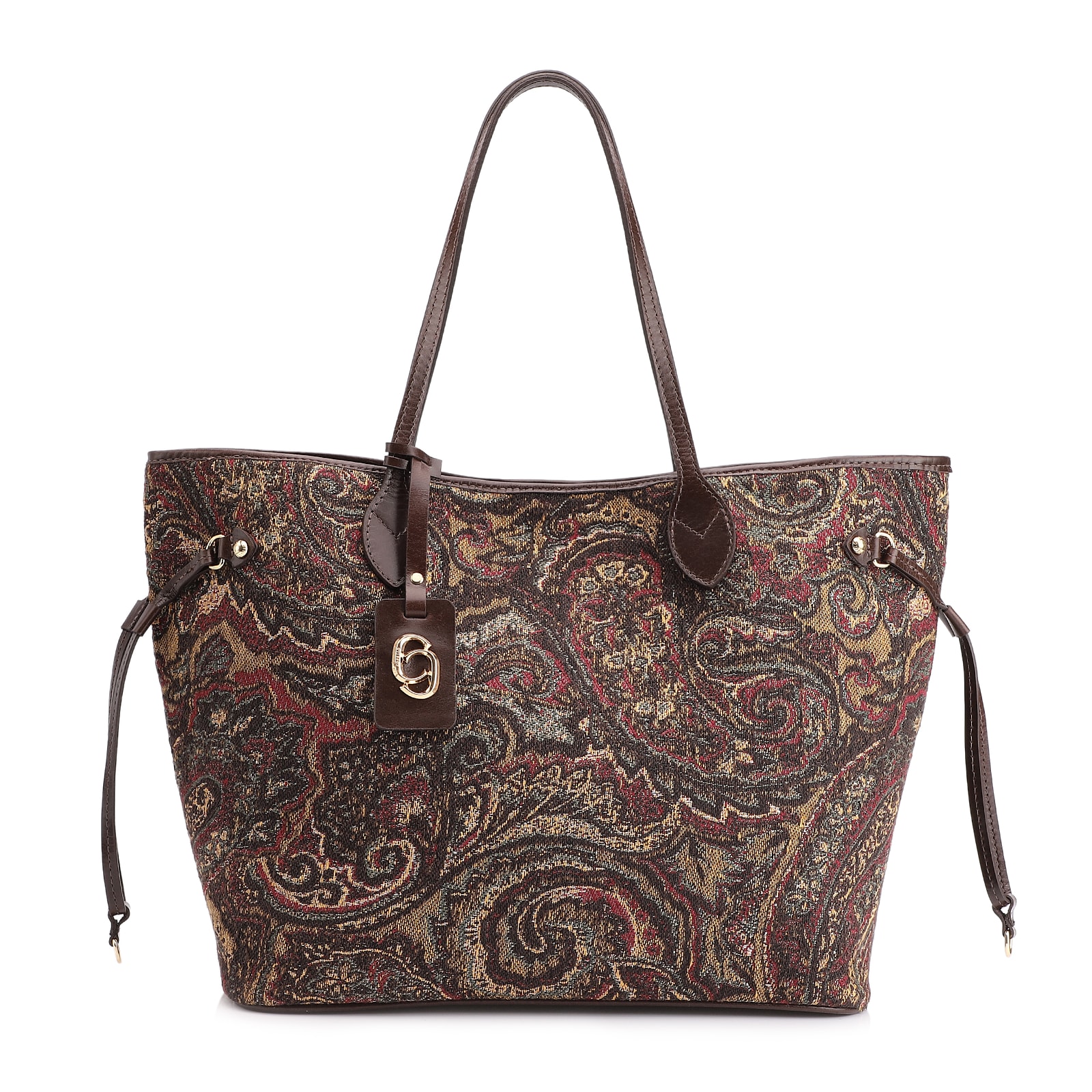 Bolsa Sacola Jacquard Paisley /Couro Marrom Escuro