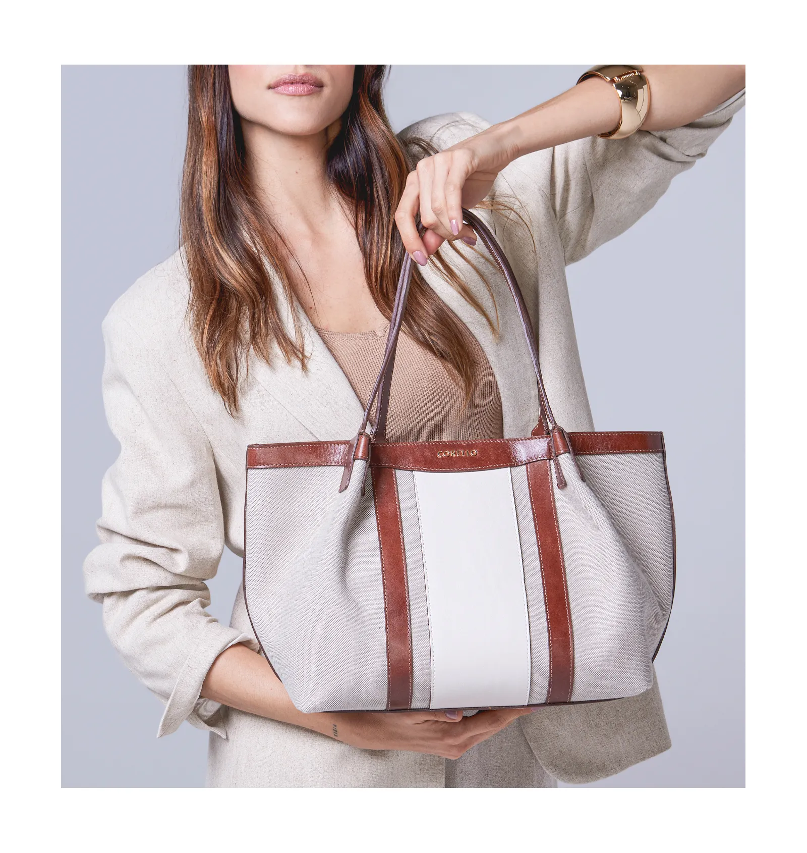 Bolsa Sacola Linho/Couro Marrom/Couro Off White