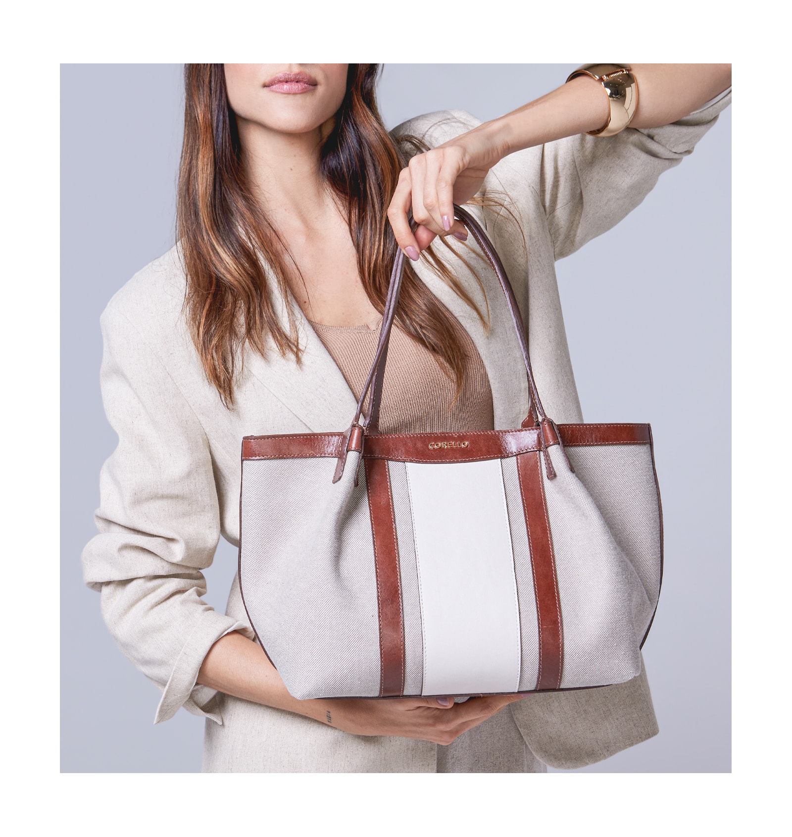 Bolsa Sacola Linho/Couro Marrom/Couro Off White