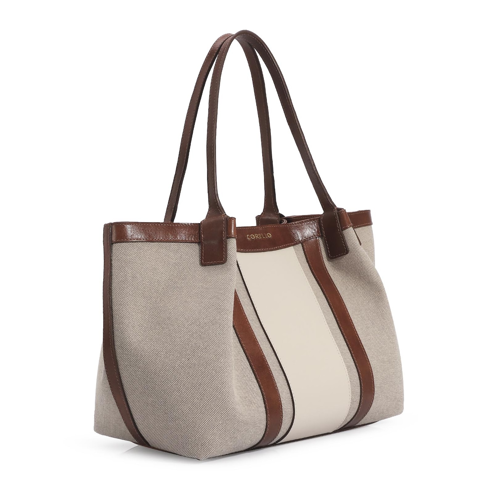 Bolsa Sacola Linho/Couro Marrom/Couro Off White